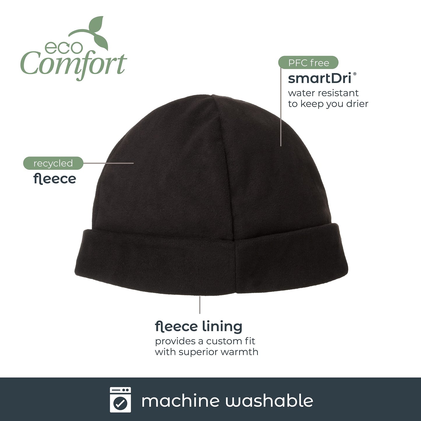 isotoner Men's Water Repellent Recycled Fleece Cold Weather Lined Beanie Hat, Black, One Size