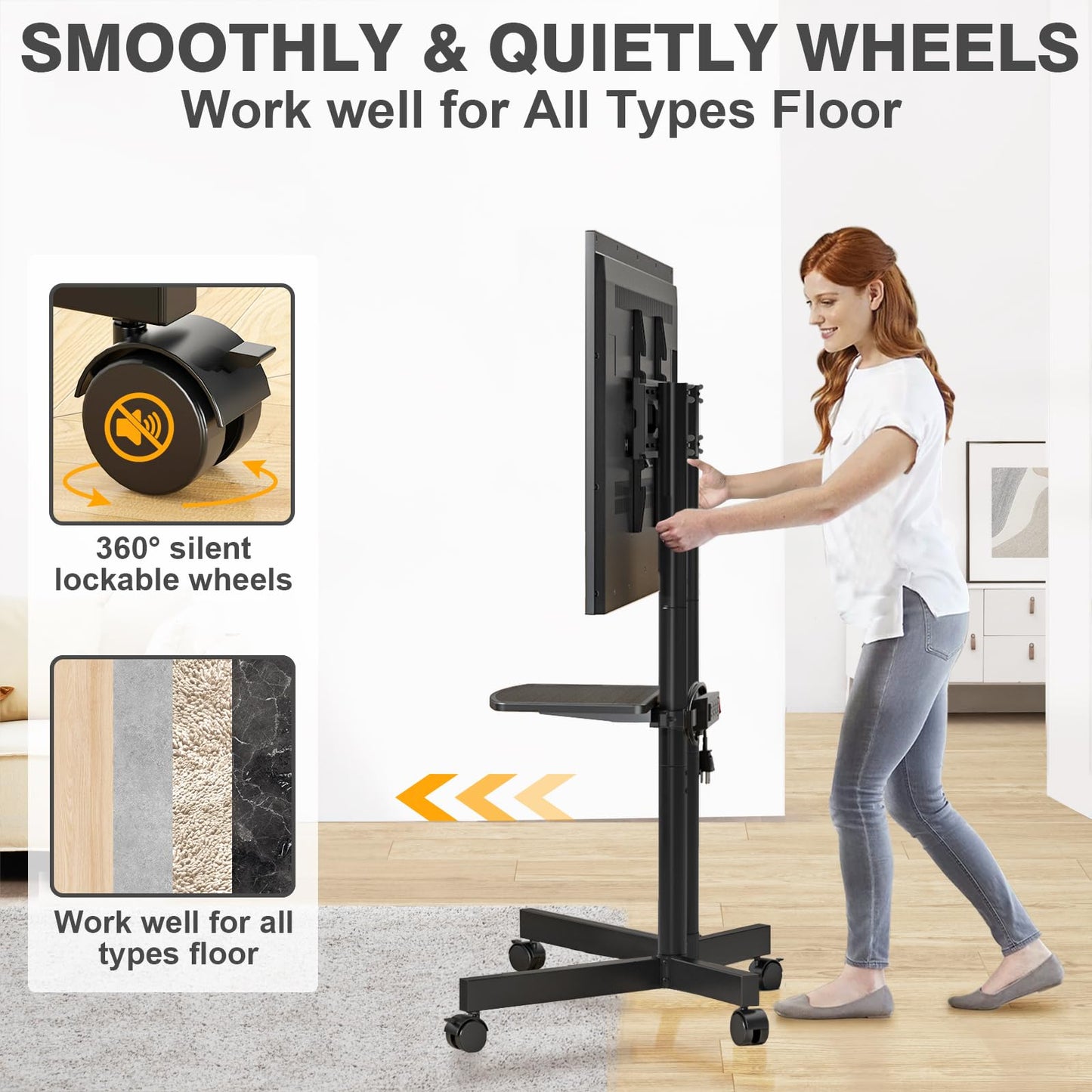 TVON Rolling TV Stand with Power Outlet for 32-75 Inch LCD LED OLED Flat Curved Screen TVs up to 88 lbs, Portable TV Stand on Wheels and Height Adjustment Max VESA 400x400mm