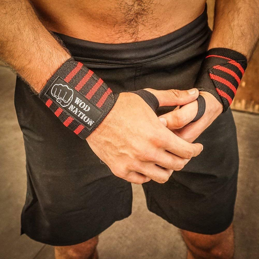 WOD Nation Wrist Wraps for Weightlifting, 12” Professional Gym Wrist Straps w/Thumb Loop Men & Women, Wrist Support Wraps for Strength Training, Powerlifting & Bodybuilding (Black/Red)