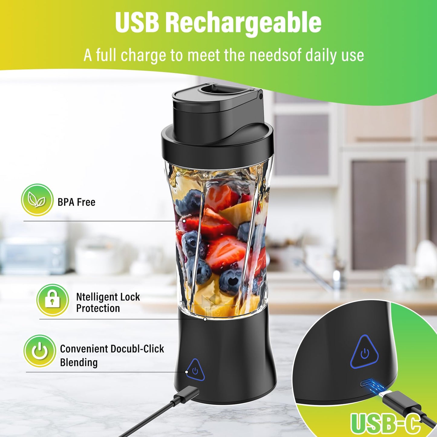 Portable Blender, 360W Personal Blender for Shakes and Smoothies for Kitchen, 24 Oz BPA Free Traveling Juicer Cup and Lid with 6 Blades, Self Cleaning Portable Juicer for Kitchen/Travel/Gym, Black