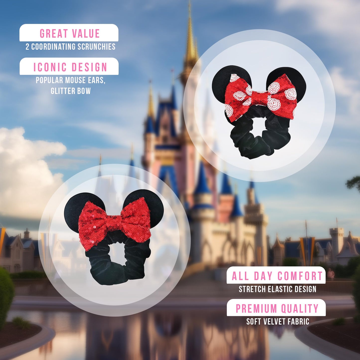 Styla Hair 2pk Mouse Ear Scrunchies for Kids Velvet Hair Bow Scrunchies for Women - Sparkle Sequins Mouse Hair Bands for Pony Tail (Red Black)