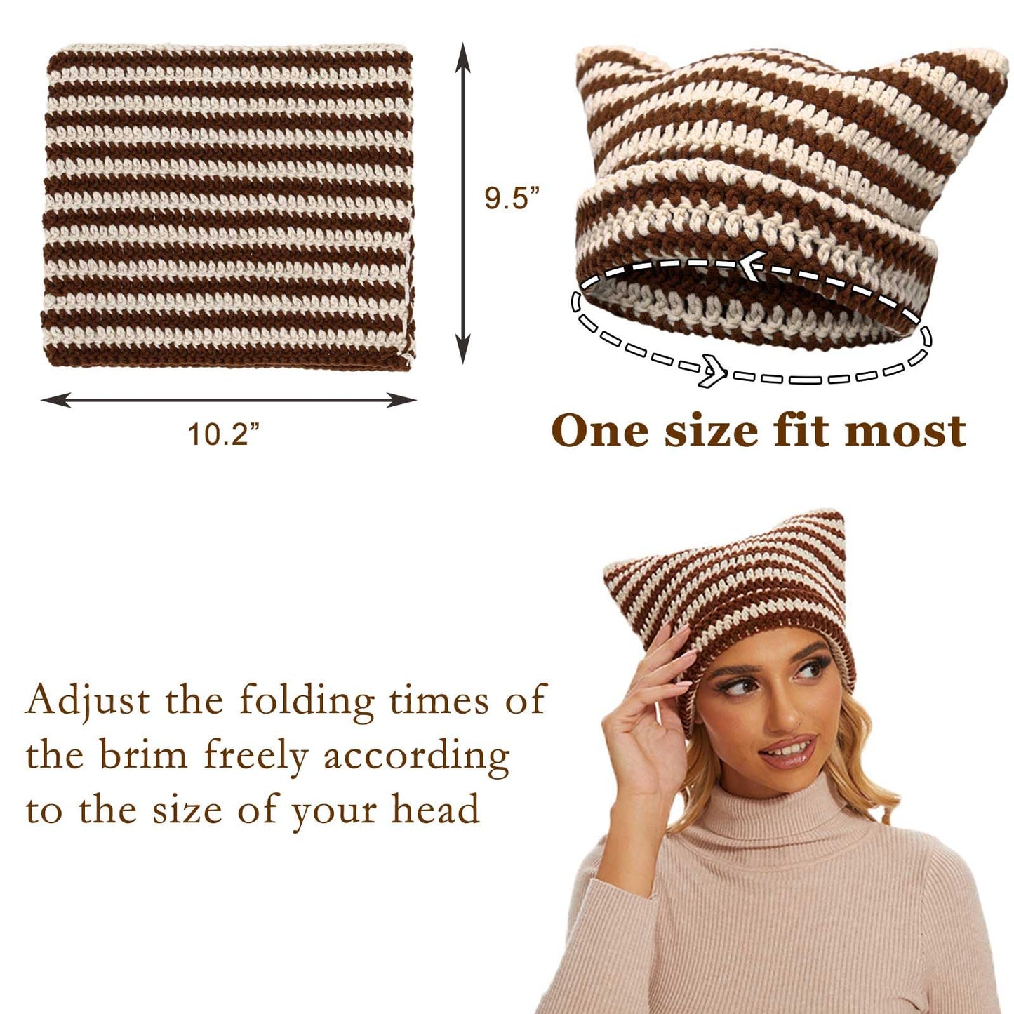 CATMICOO Y2k Beanie Knit Cat Ear Beanies Crochet Hats for Women Brown