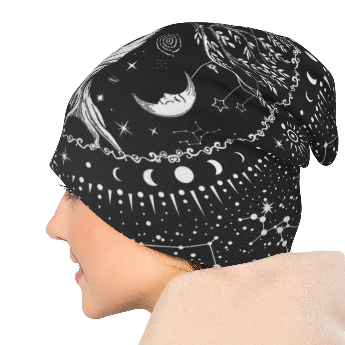 Tree of Life Black and White Star Night Sky Black Aesthetic Knit Hat Slouchy Skull Cap Beanie Hat for Men Women Gifts