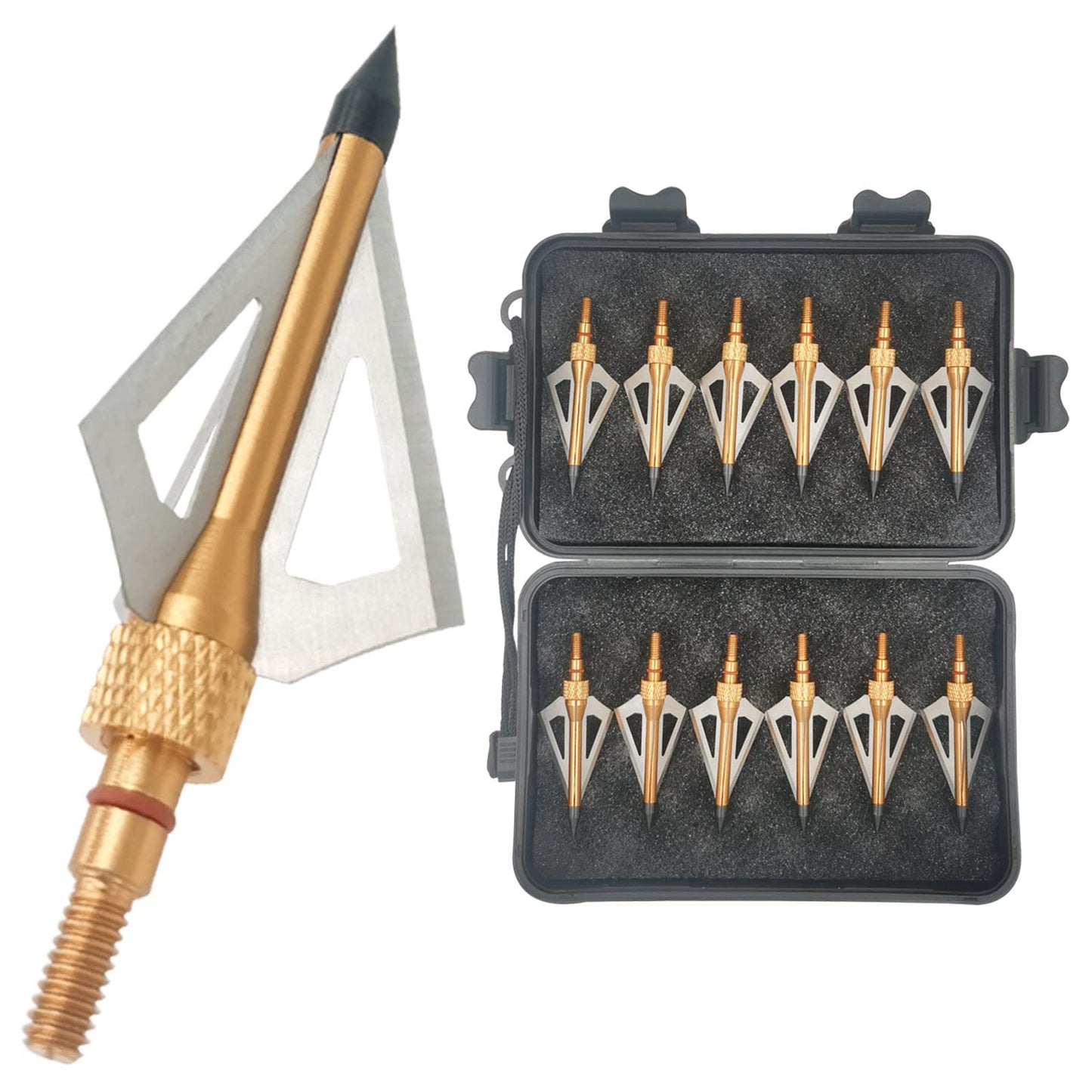 LeeMui Hunting Broadheads 12PK 100 Grains Screw-in Arrow Archery 3 Blades Hunting Heads Arrow Tips Compatible with Crossbow and Compound Bow + 1 PK Broadhead Storage Case (Gold)