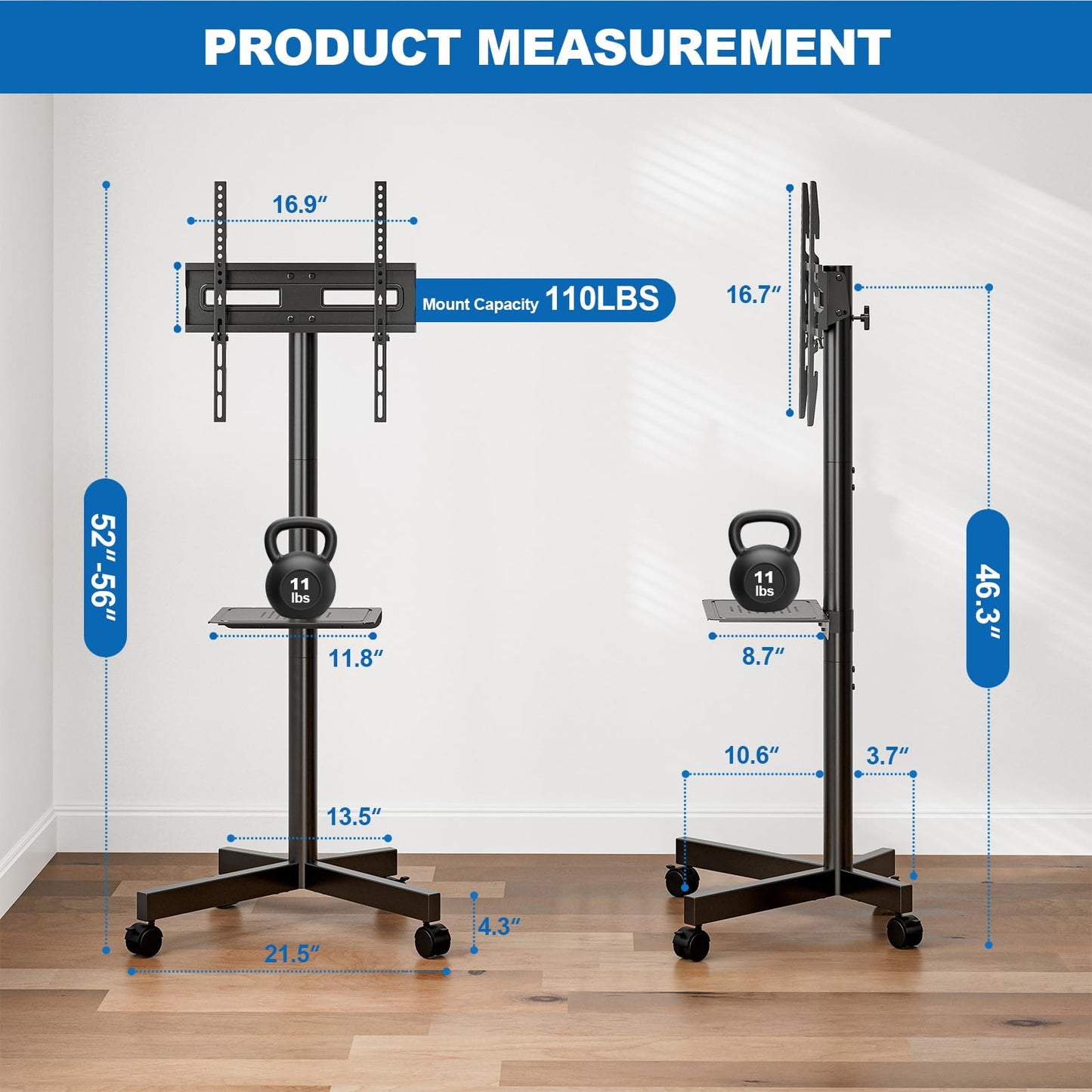 HOLMAXD Mobile TV Stand for 23-65 Inch LCD LED Flat/Curved Panel Screen TVs, Height Adjustable Rolling Floor TV Cart with Tilt Mount and Shelf, Portable Stand Holds up to 110 lbs, Max VESA 400x400mm