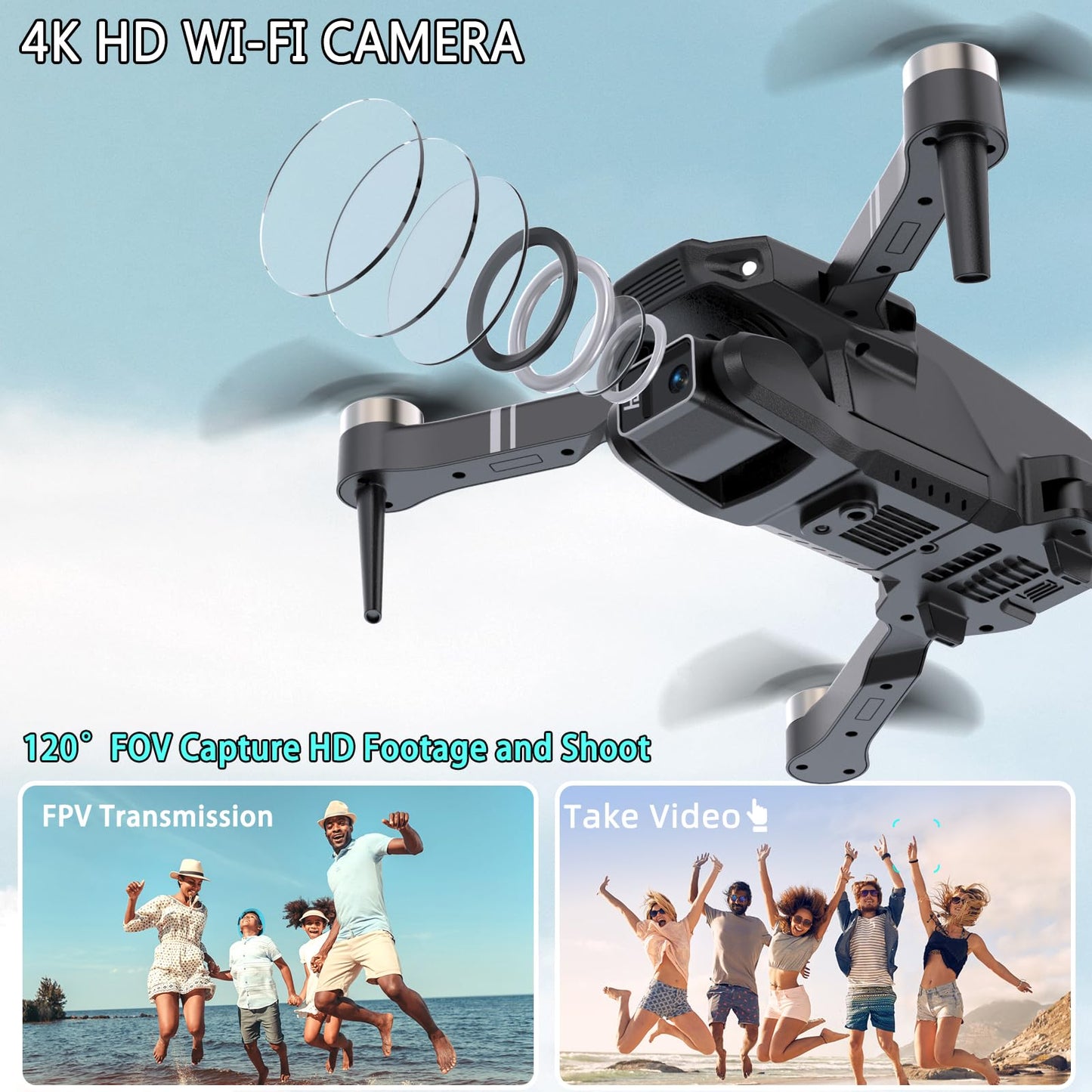 Drones with Camera for Adults 4K Foldable RC Quadcopter Drone with 1080P HD Camera Mini Drone, FPV Live Video, Altitude Hold, One Key Take Off/Landing, 3D Flip