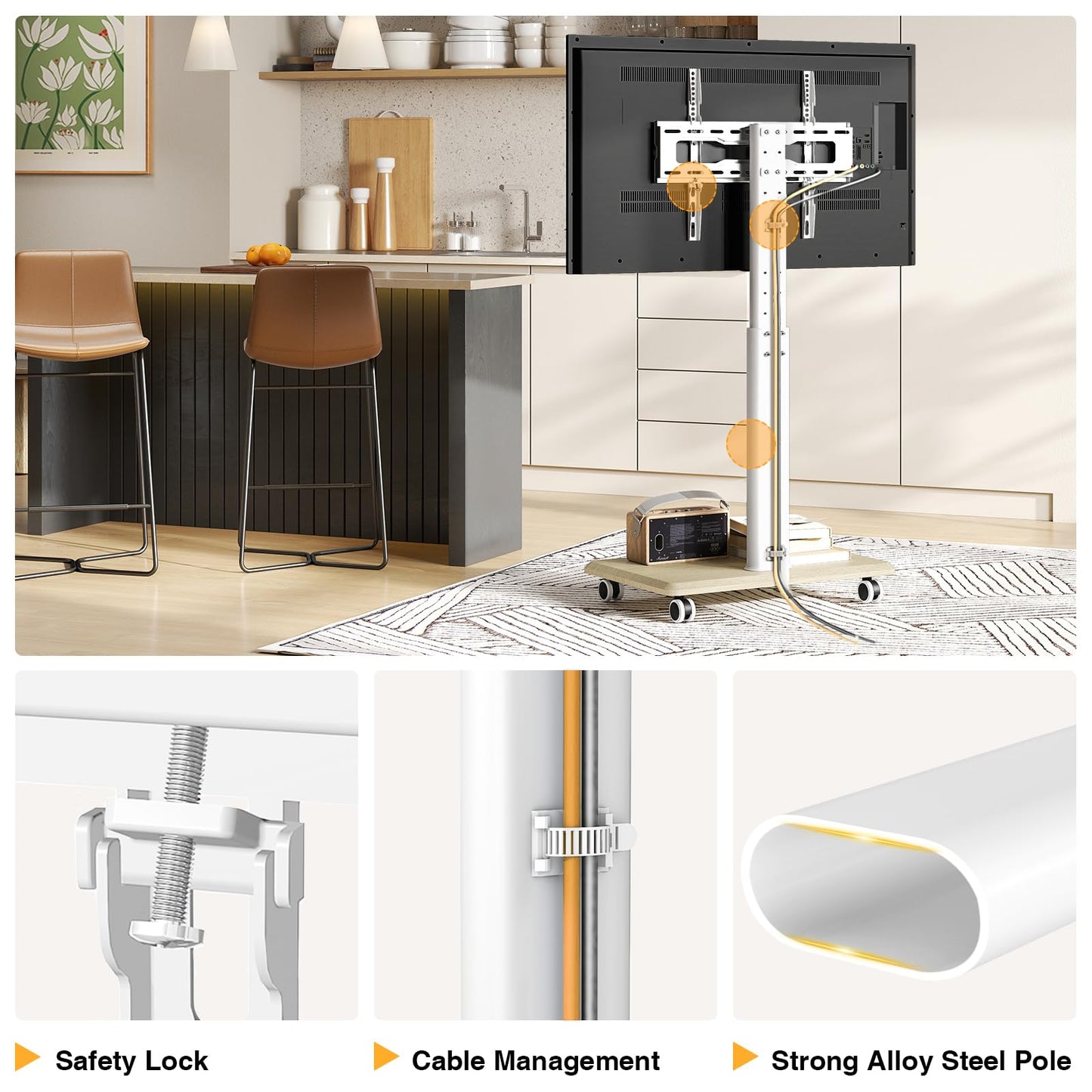 TVON Rolling TV Stand for 32 to 65 70 Inch TVs, Elegant Floor TV Stand with Wheels, Mobile TV Cart with 9 Levels of Height Adjustment for Optimal Viewing, White Floor Stand for Living Room