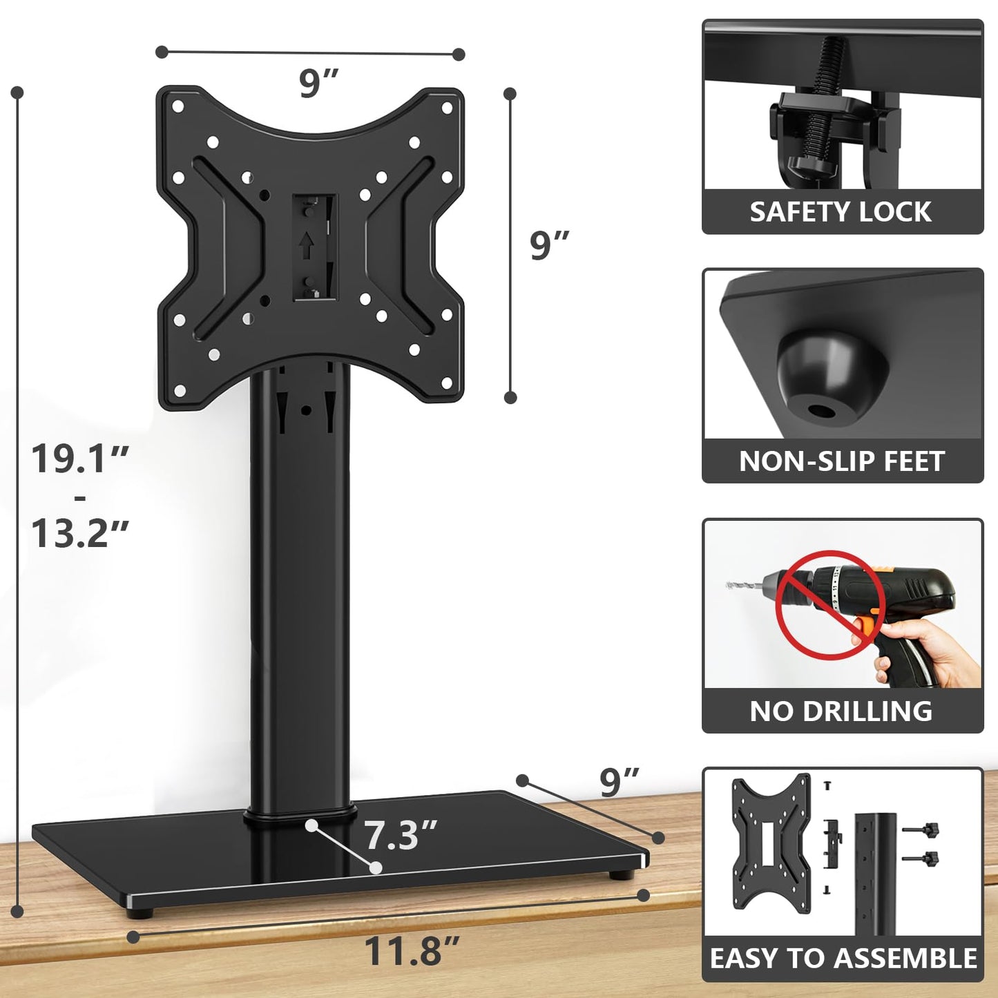 TVON Universal TV Stand Base, Swivel Table Top TV Stand for 20-43 inch TVs/Monitors with 4 Level Height Adjustment and Tempered Glass Base, Holds up to 88 Lbs, VESA 200x200mm