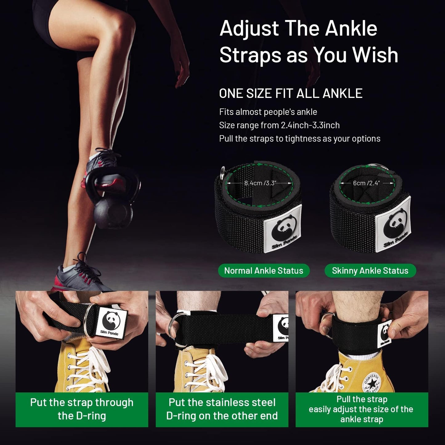 Slim Panda Ankle Strap for Cable Machine,Ankle Cuff for Kickbacks, Booty Hip Abductors,Glute Workouts, Leg Extensions, Curls for Men and Women, Adjustable with Double D-Rings (Pair, Simple Black)