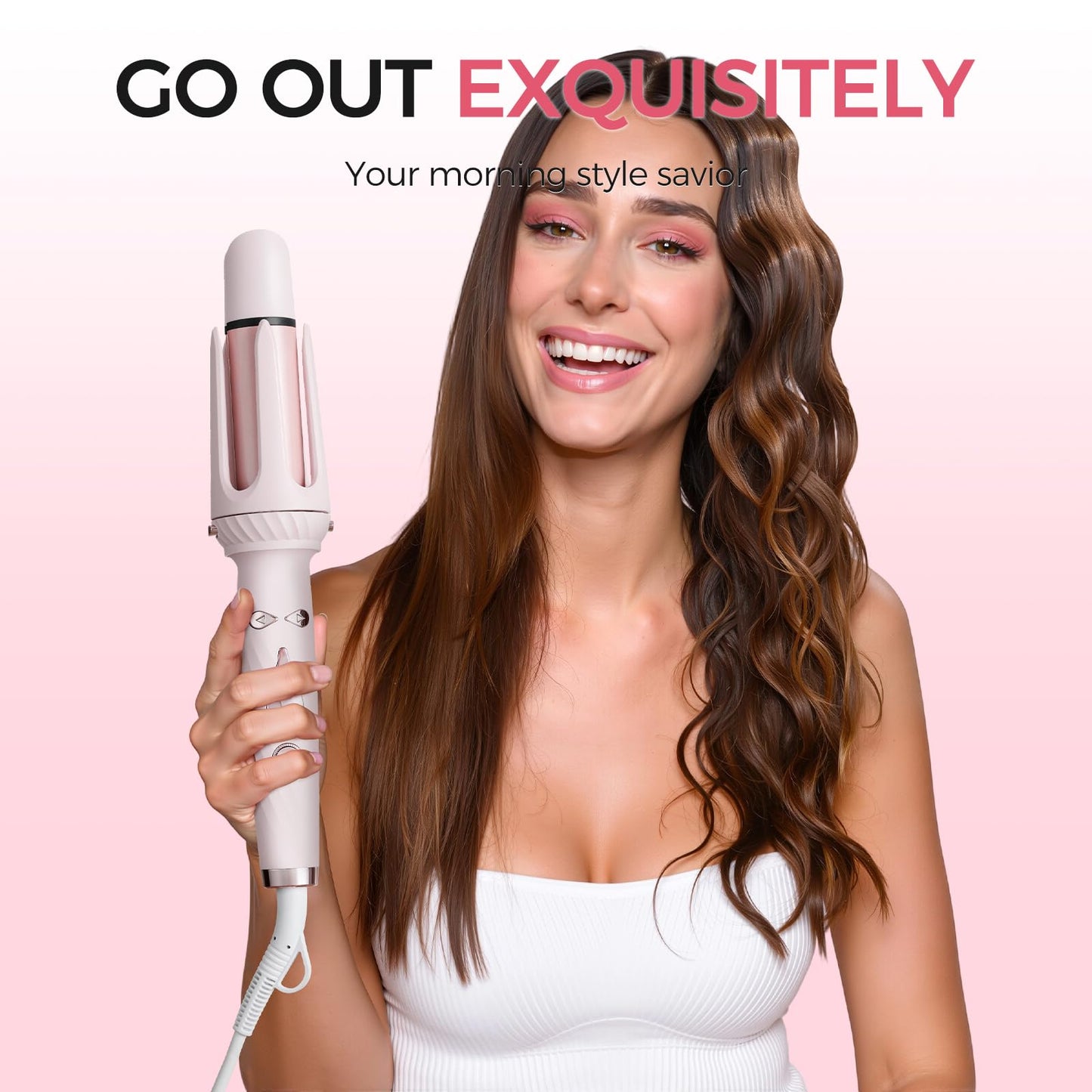 Wollea Automatic Curling Iron, Beach Wave Curling Wand, Portable Rotating Curler, Dual Voltage, Lightweight and Portable, Ceramic Coated, Straightening Brush, 1inch and 1.25 inch 3-in-1, Pink