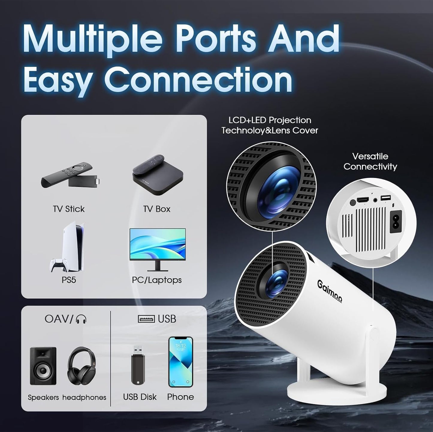 [Built-in App] Mini Projector with WiFi and Bluetooth 2025 Upgraded 1080P FHD 4K Support Projector with Mouse Portable Projector Auto Keystone Compatible with TV Stick/Memory Stick/USB/Laptop