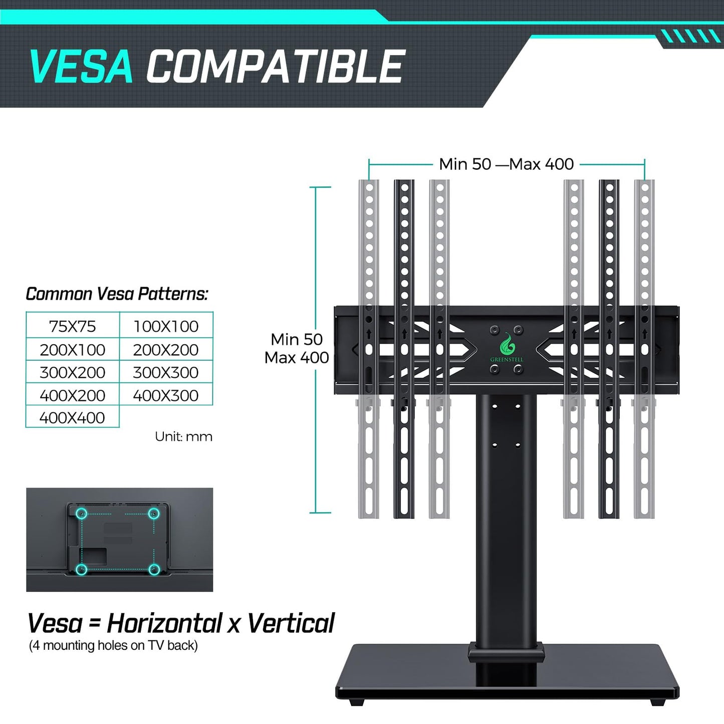 Greenstell TV Stand with Power Outlet, Universal TV Mount Stand for 27-65 inch TVs, Height Adjustable, Swivel Table Top TV Stand with Tempered Glass Base, Holds up to 88 LBs, Max VESA 400x400mm