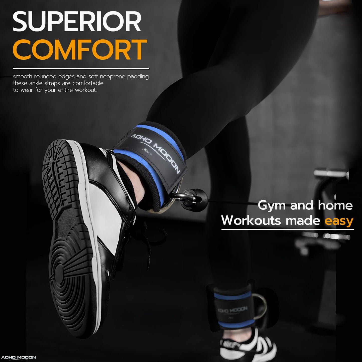 AOHO MOOON (Pair Comfortable Adjustable Ankle Straps for Cable Machines Women, Gym Workout Leg Straps, Ankle Cuffs for Glute Workouts, Foot Straps for Kickback, One Size Fit All with D Ring