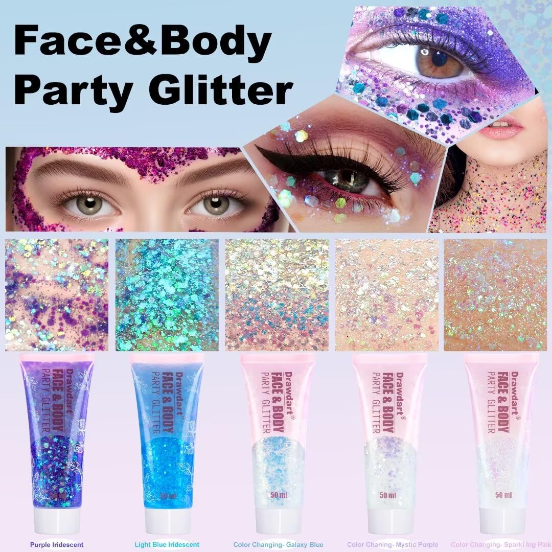 Drawdart Light Blue Face & Body Glitter,Chunky Glitter for Face Body Eye Lip Hair,Singer Concerts Iridescent Face Paint Glitter Makeup 50ml,Easy Application & Removal