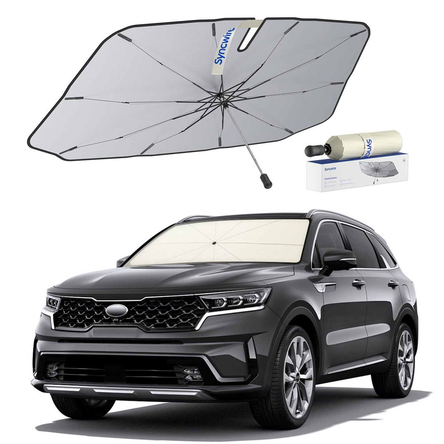 Syncwire Car Windshield Sunshade Umbrella - Enhanced Vinyl Coating for Superior Sun and Heat Protection, Keeps Vehicle Cool and Preserves Interior, Innovative Edge Design