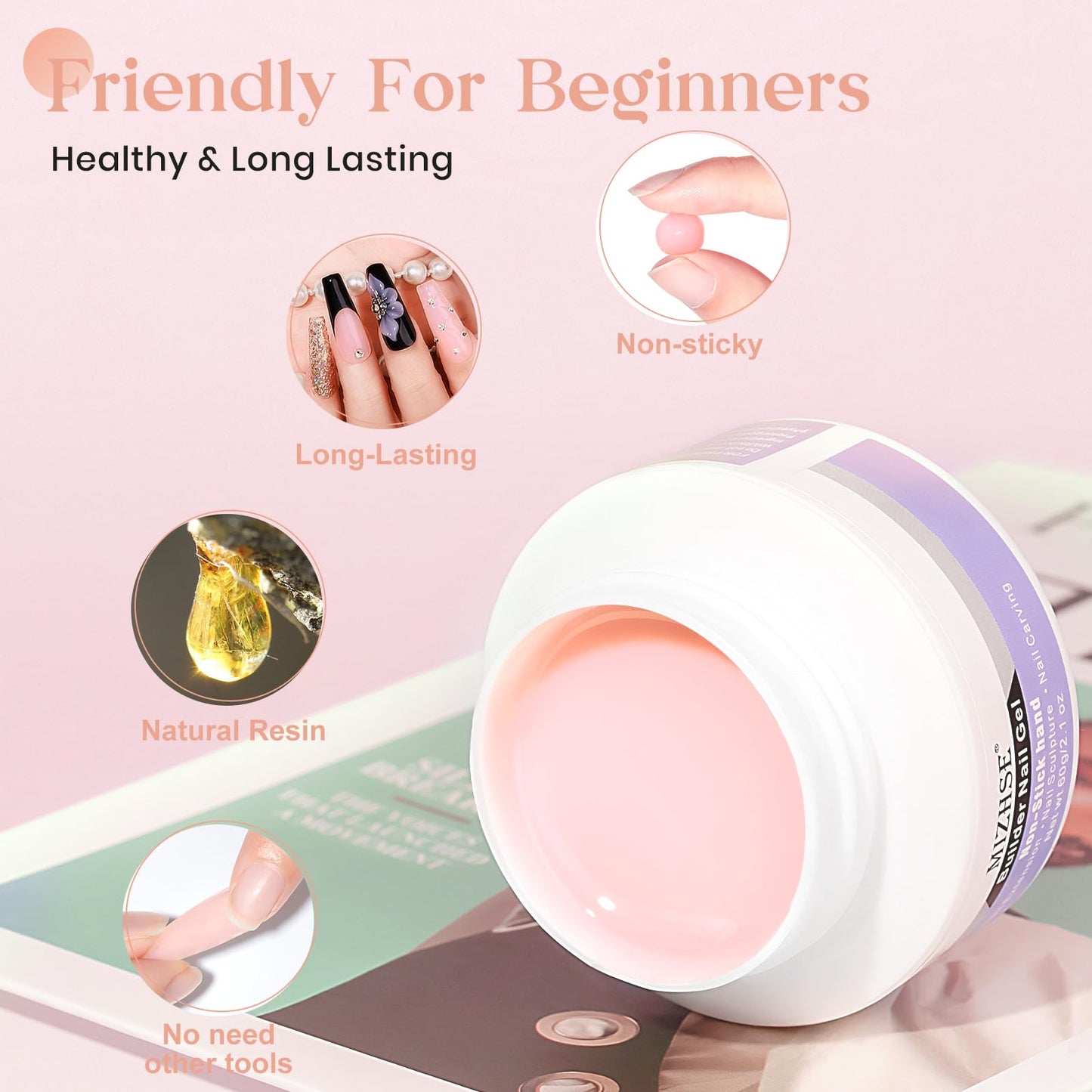 MIZHSE Solid Nail Builder Gel, 2.1 oz 60g Nude Builder Gel for Nails Non-Sticky Solid Builder Gel for Nail Extensions Hard Gel with 24pcs Nail Forms and Silicone Pen Nail Art Manicure Set