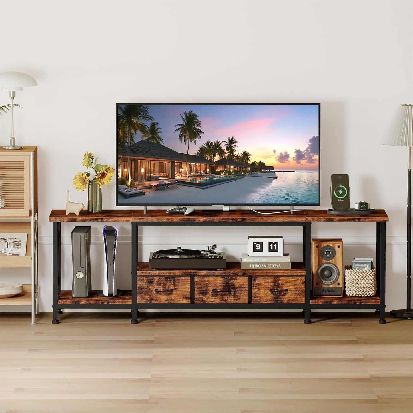 YGEOMER TV Stand for 75 Inch TV Entertainment Center with Power Outlets TV Console Table deepen with Fabric Drawers Metal Frame Storage Shelves and for Living Room, Bedroom 63" Rustic Brown