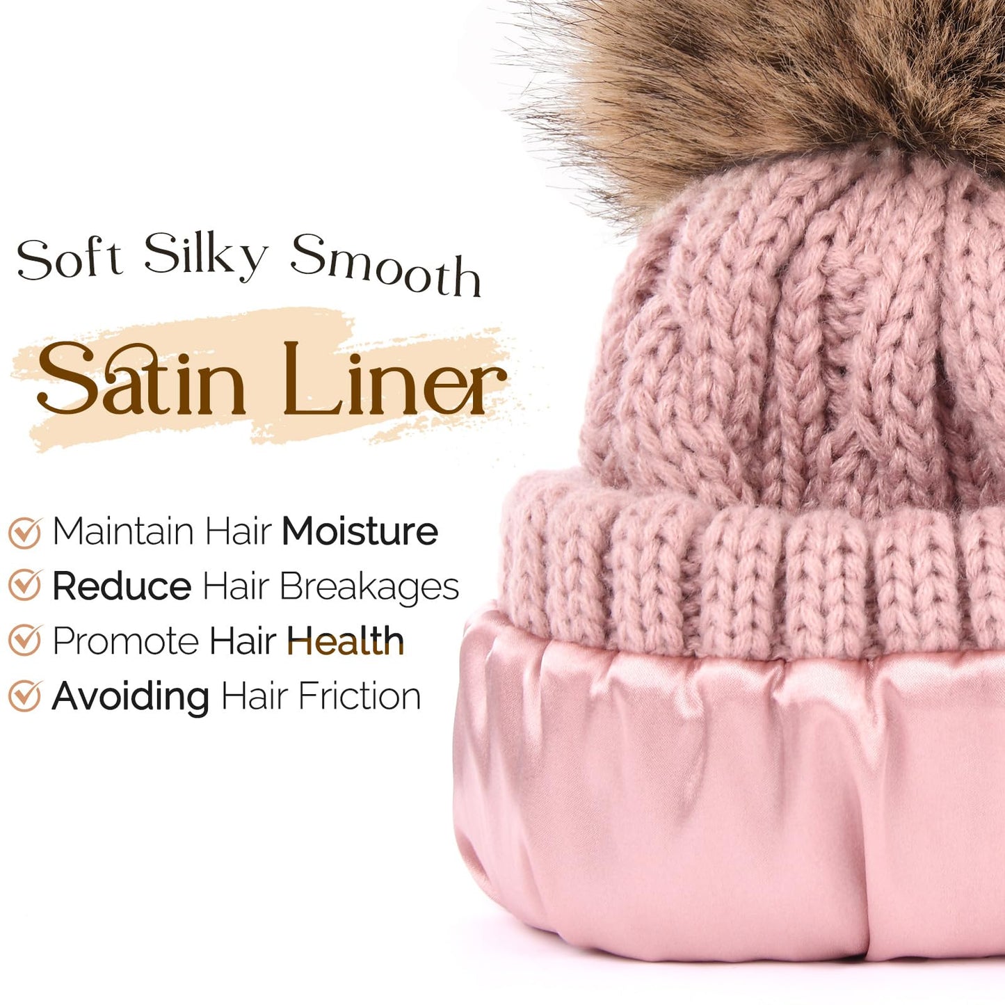 YANIBEST Winter Hats for Women Satin Lined Knitted Beanie Hat Warm Soft Ski Cuff Cap with Pom Pom Pink