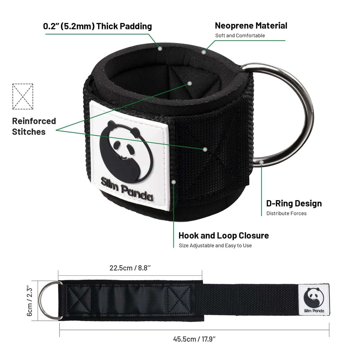 Slim Panda Ankle Strap for Cable Machine,Ankle Cuff for Kickbacks, Booty Hip Abductors,Glute Workouts, Leg Extensions, Curls for Men and Women, Adjustable with Double D-Rings (Pair, Simple Black)