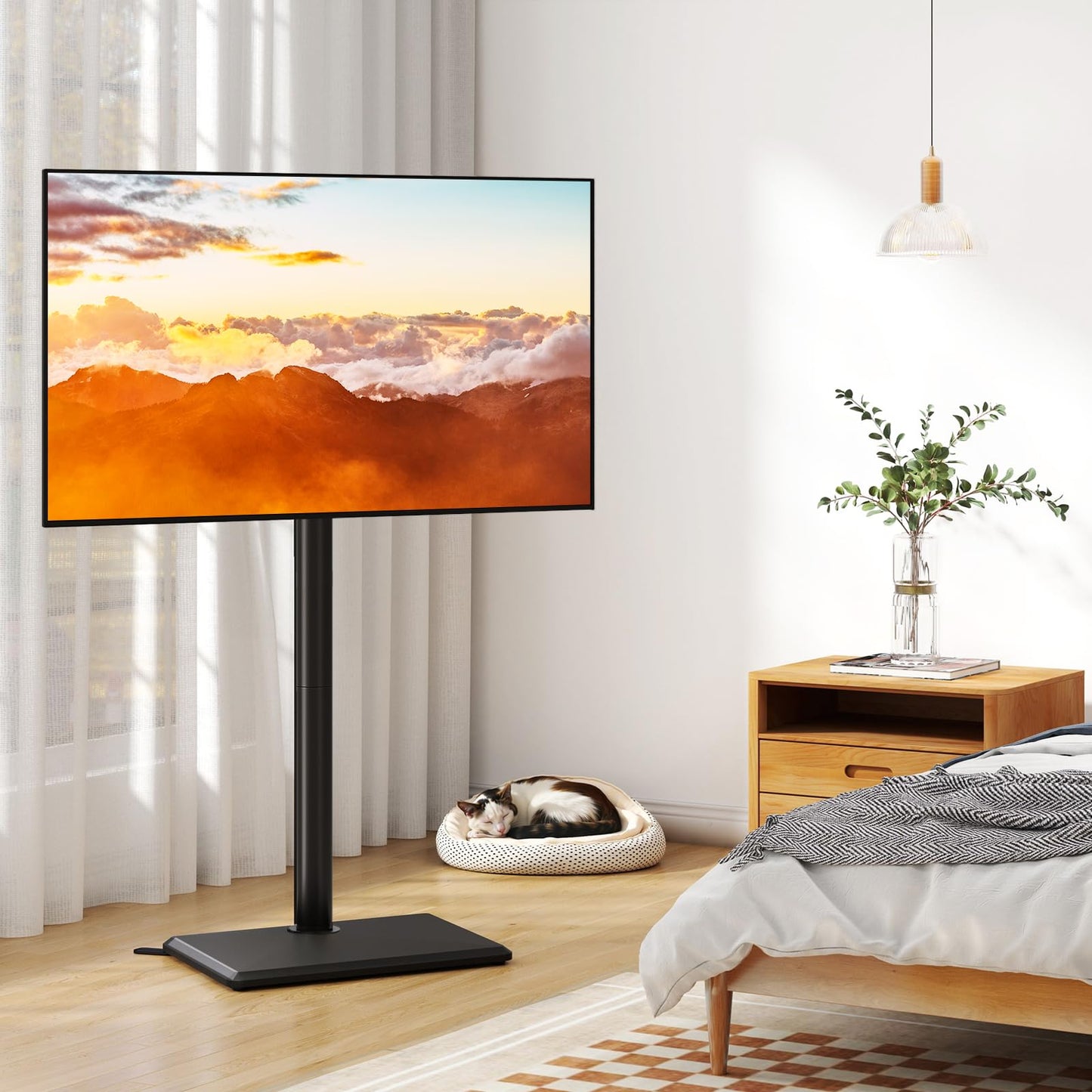 TVON Swivel Floor TV Stand with Mount for Most 32-60 Inch TVs up to 88 lbs, Height Adjustable TV Floor Stand Mount with Wood Base, Tall TV Stand for Bedroom, Corner & Living Room, Max VESA 400x400mm