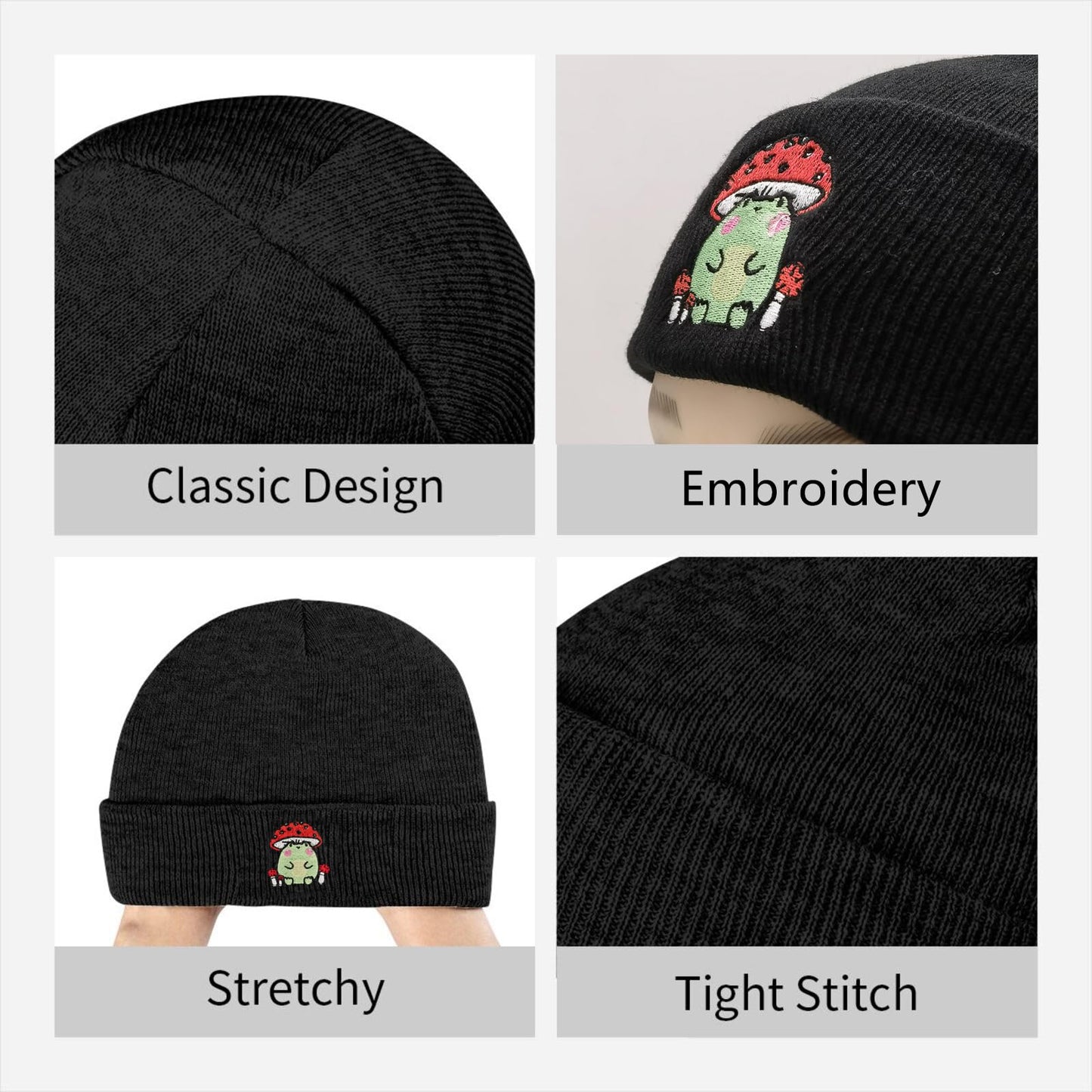 DEKIFNHG Funny Frog Mushroom Embroidered Beanies Hat, Winter Warm Knit Hat for Men and Women Gift