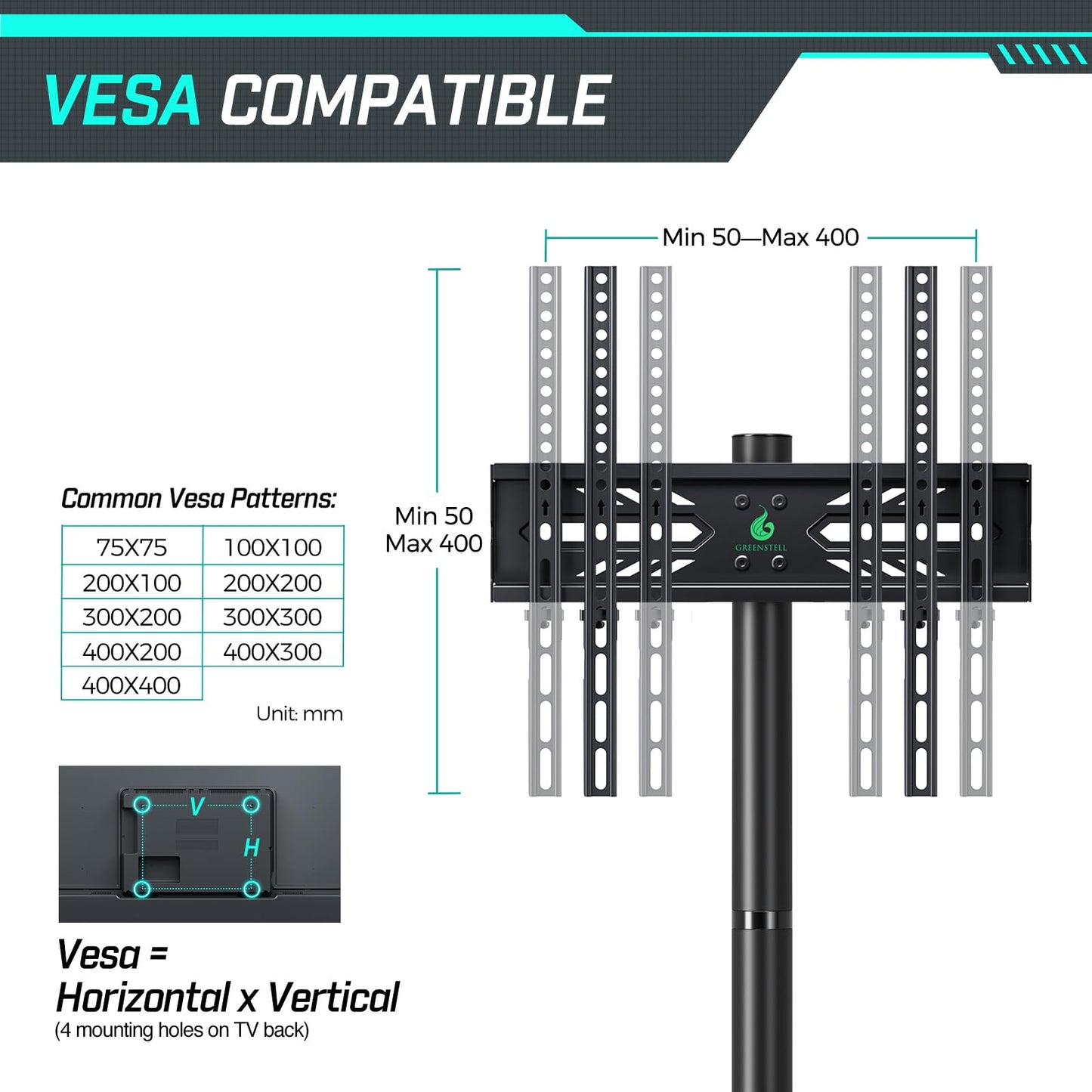GREENSTELL TV Stand with Power Outlet, Mobile TV Cart on Wheels for 23-60 inch LED LCD Flat Curved Panel Screen TVs, up to 88 lbs, Height Adjustable Rolling TV Stand with AV Shelf, Max VESA 400x400mm