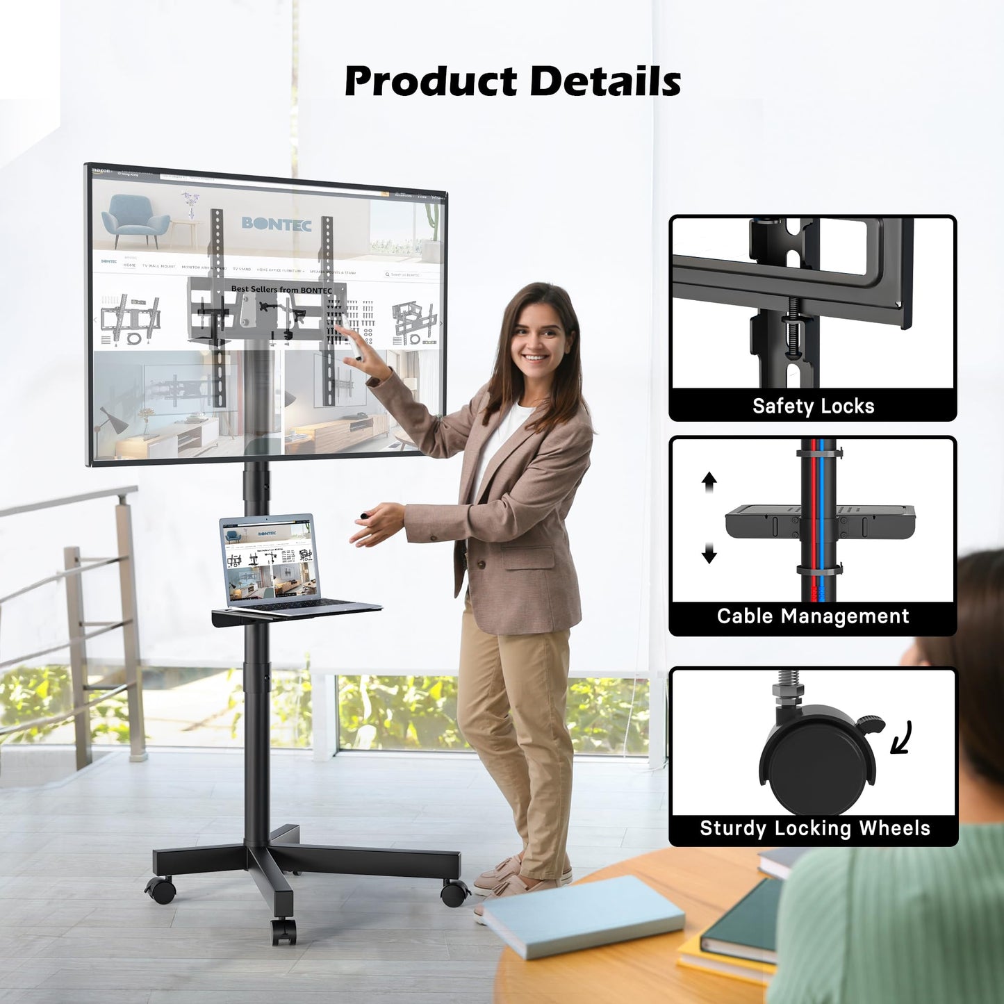 BONTEC Mobile TV Stand with Tilt Function, Rolling TV Stand for 23-60" LED, LCD, OLED TVs, Holds up to 88lbs, Max VESA 400x400mm, Adjustable Media Shelf, TV Cart for Living Room, Bedroom, Office