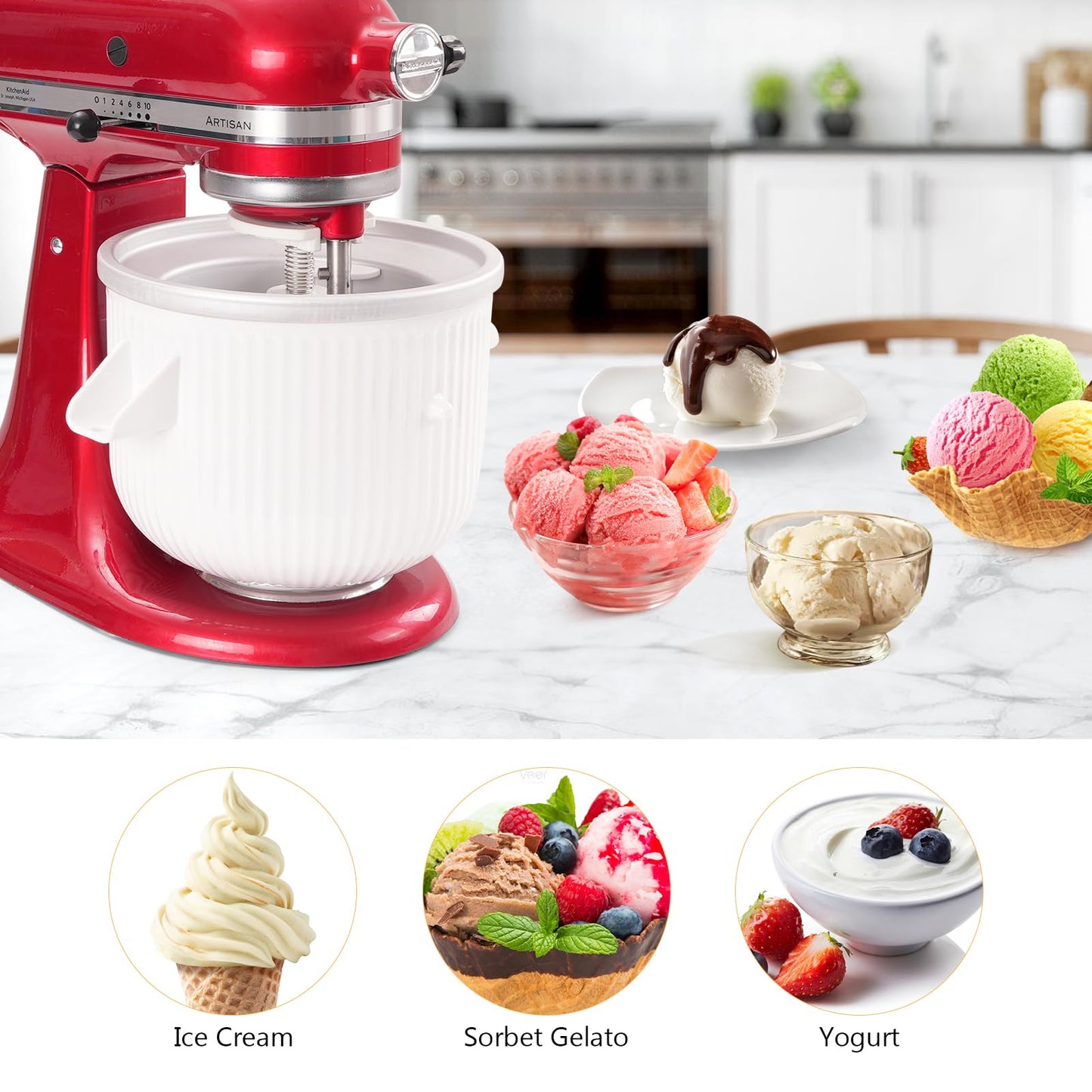 Ice Cream Maker Machines for Kitchenaid Stand Mixer,Compatible with Kitchen aid 4.5 QT and Larger Mixer,2-Quart Frozen Yogurt & Sorbet Gelato Maker,Dishwasher safe