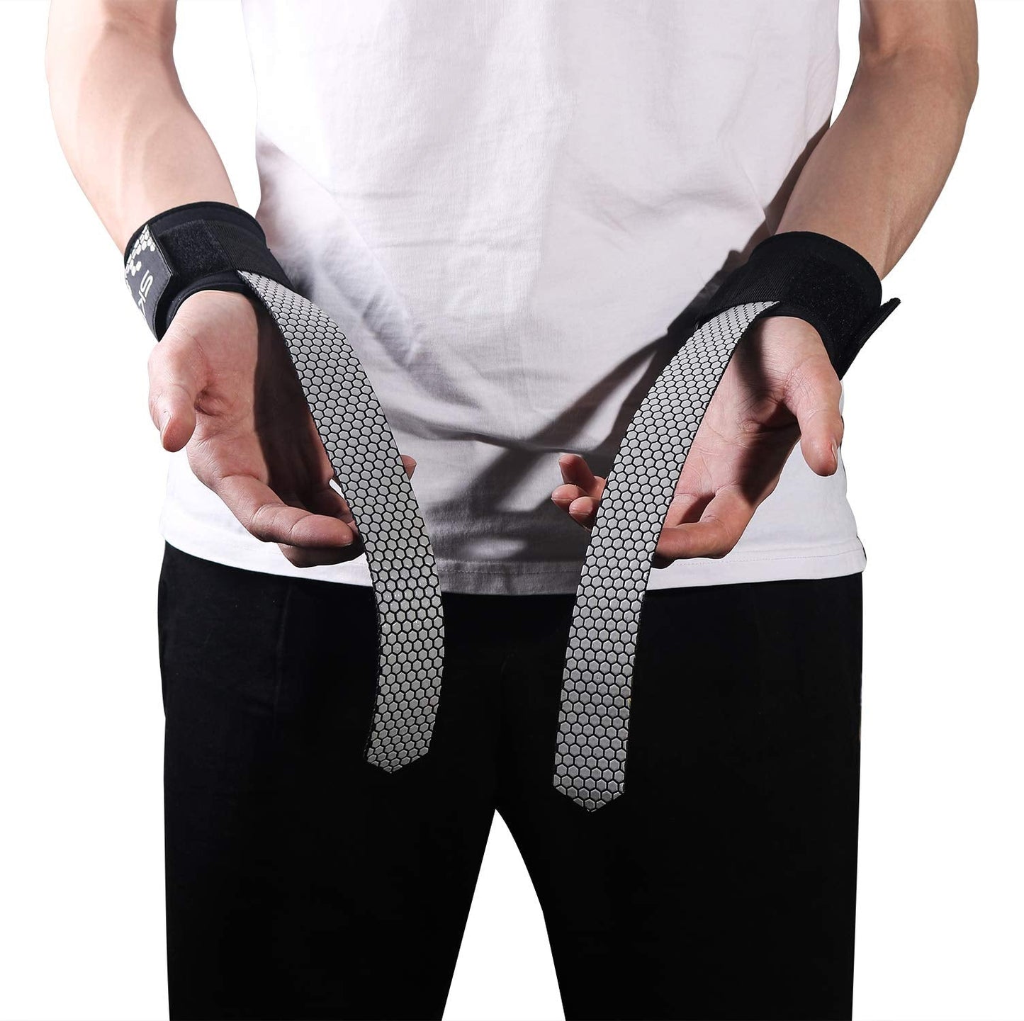 SKDK Strong Cotton Power Lifting Straps Wrist Grips-Deadlift Straps with Neoprene Wrist Padded and Anti-Skid Silicone-for Weightlifting Bodybuilding, Strength Training Pull UP(Pair) (Gray)