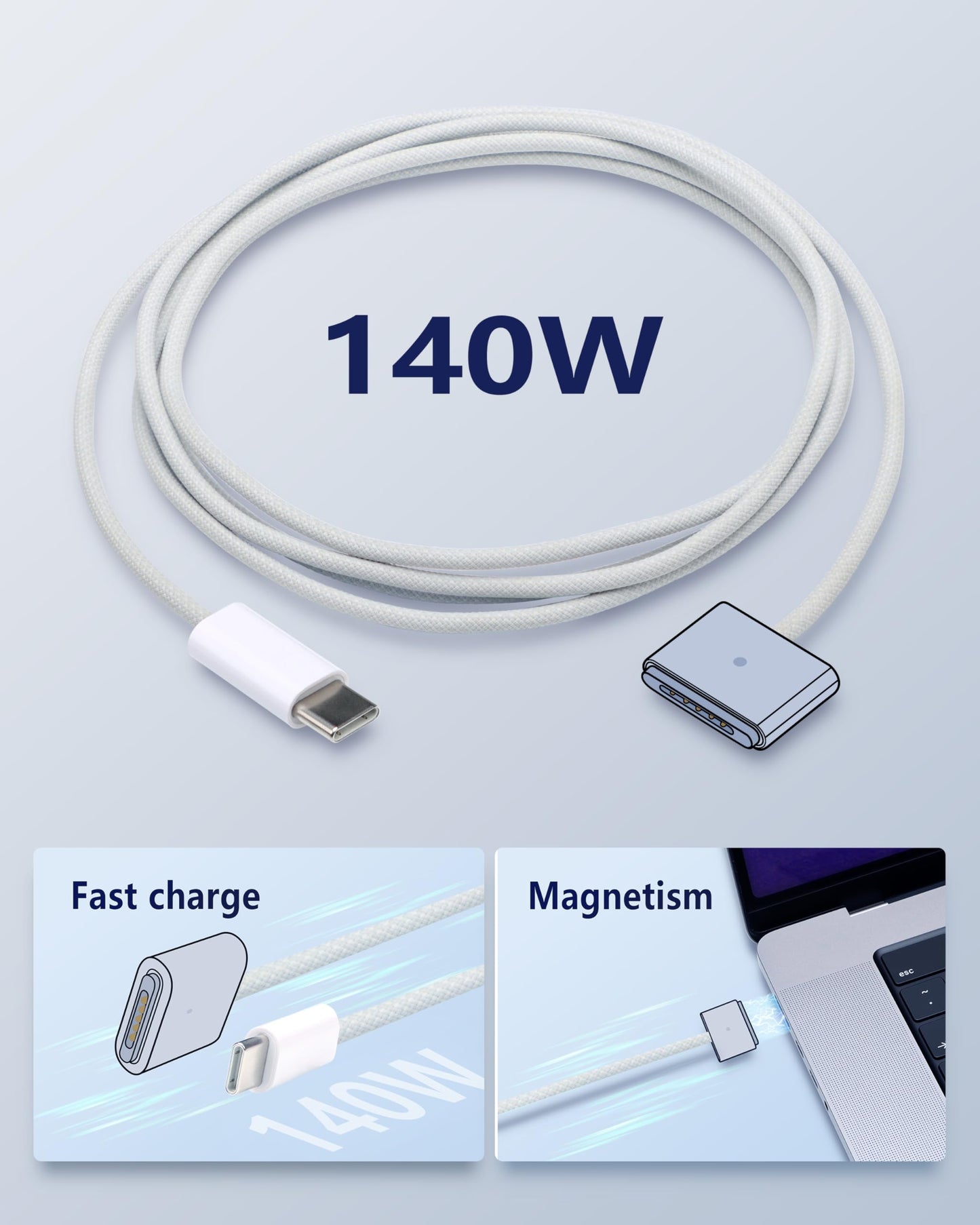 DERLULU USB-C to Magnetic 3 Fast Charging Cable (2 m/6.6 ft), USB C Cable Compatible with MacBook Air (15''/13'' M3 2024, 15" M2 2023, 13" M2 2022), MacBook Pro (16"/14" 2023/2021), Silver