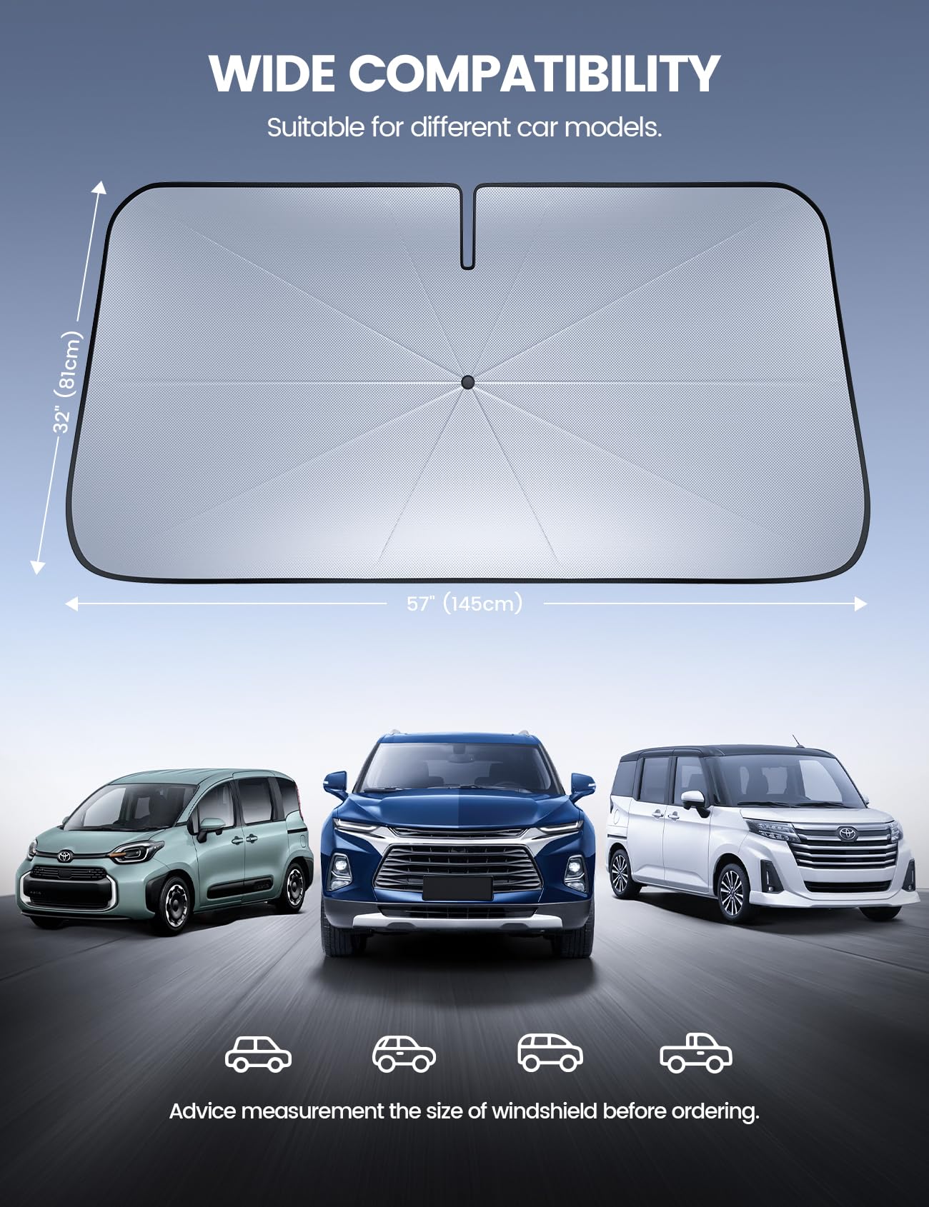 Aomiker Car Windshield Sun Shade Umbrella - [10 Fiberglass Ribs] Foldable Front Windshield Cover, Heat Insulation Protection, 5 Layers UV Block Coating, Wind Cover for SUV Auto Sedan (57"x32")