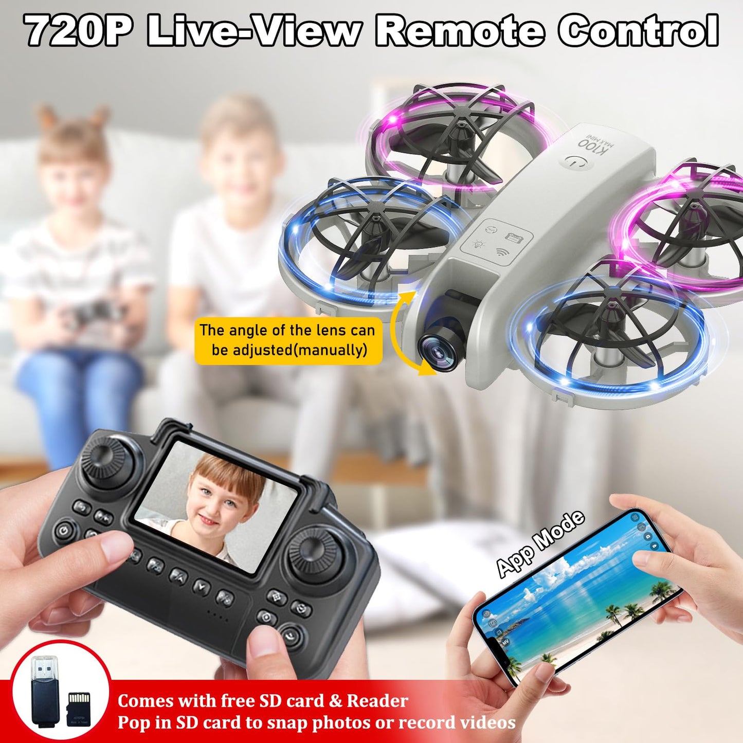 K100Max Mini Drones With Camera For Kids And Begginers, Indoor Small Helicopter Plane Quadcopter With Screen Remote Controller, Gift Toy for Boys and Girls, Headless Mode, 2 Batteries(Gray)