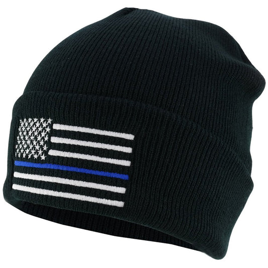 Armycrew Thin Blue Line American Flag Embroidered Winter Watch Cap Cuff Beanie - Black