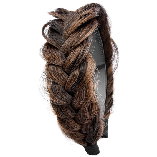 DIGUAN Wide Messy Braided Headband With Teeth Synthetic Hair Plaited Headband High Elasticity Braids Chunky Fishtail Braided Hair Band Hairpiece for Girls Women Beauty Accessory (Copper Brown)