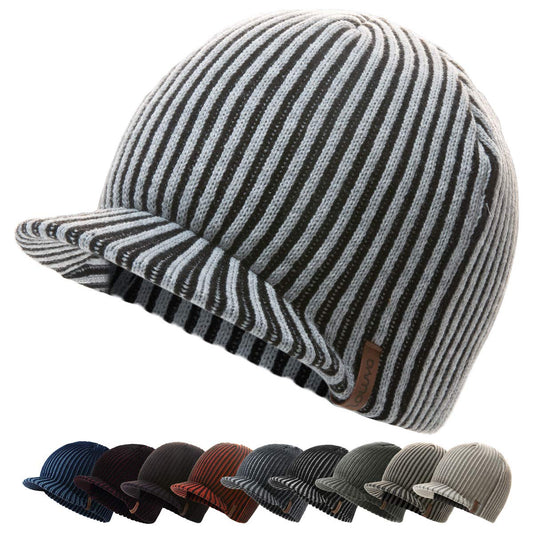 zowya Brim Beanie Hat for Men & Women Warm Winter Skully Cap Daily Visor Beanie Thick Billed Hats Winter Hats with Brim Vintage Acrylic Contrast Color (Grey/Black)