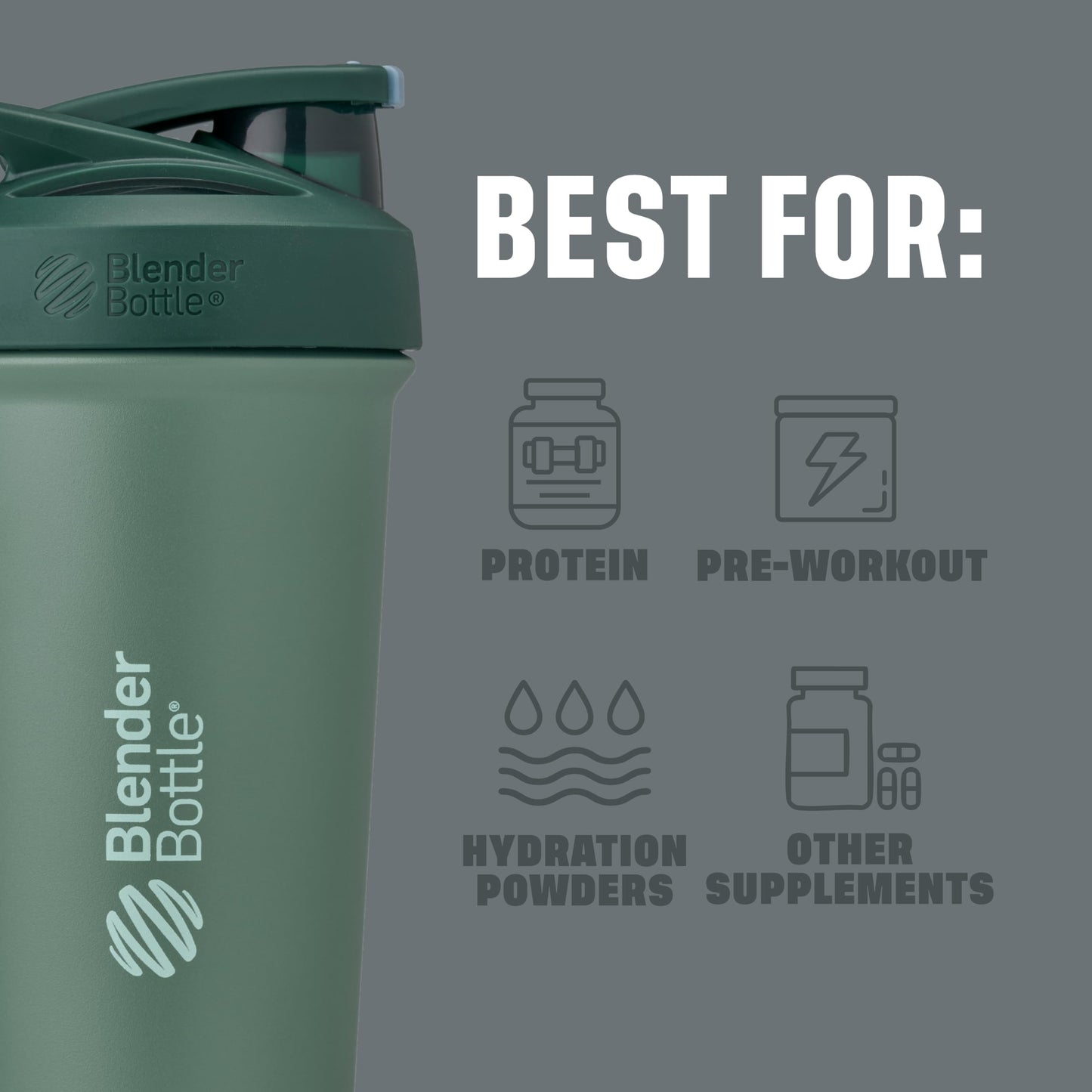 BlenderBottle Strada Sleek Shaker Cup Insulated Stainless Steel Water Bottle with Wire Whisk, 25-Ounce, (Green) Seaglass