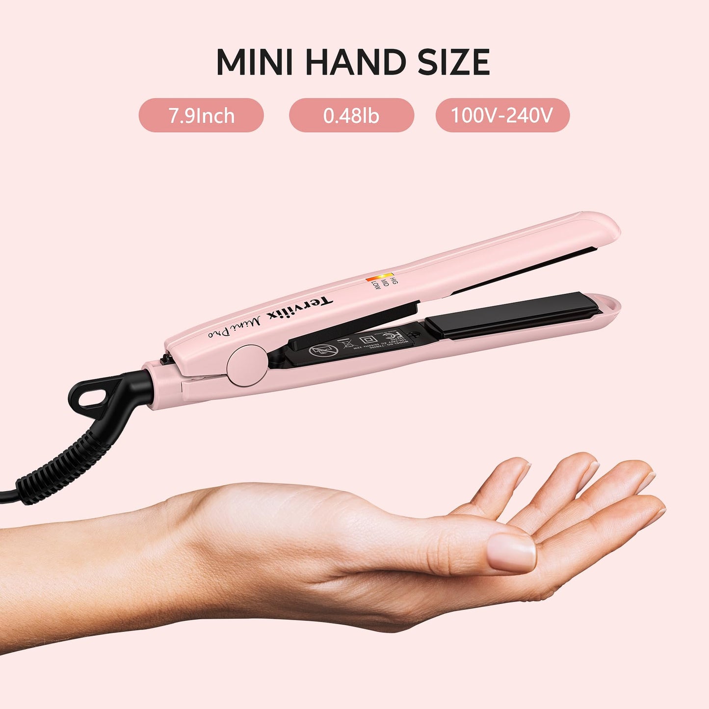 Terviiix Mini Flat Iron Hair Straightener, Adjustable Temperature, Travel-Size, 1/2" Ceramic Plates, Dual Voltage, Auto-Off, Pink