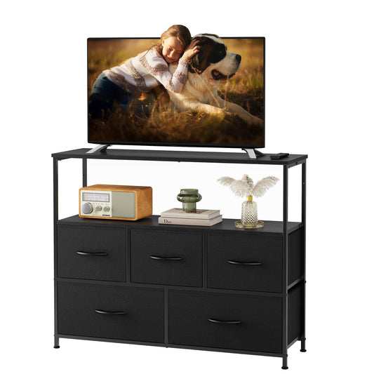 Sweetcrispy 5 Fabric Drawer Dresser TV Stand for Bedroom, Entertainment Center for 45 Inch TV with Storage Drawer Unit, Open Shelf, Adjustable Feet, Living Room, Black