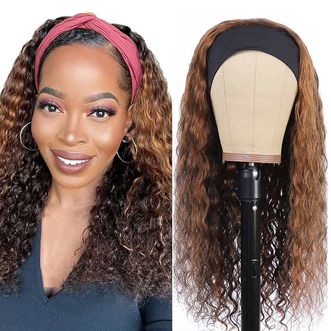 Celiarita Highlight Ombre Headband Wig Deep Wave Human Hair Wigs 4/27 Brazilian Virgin Curly Human Hair Headband Wigs for Black Women 10 Inch