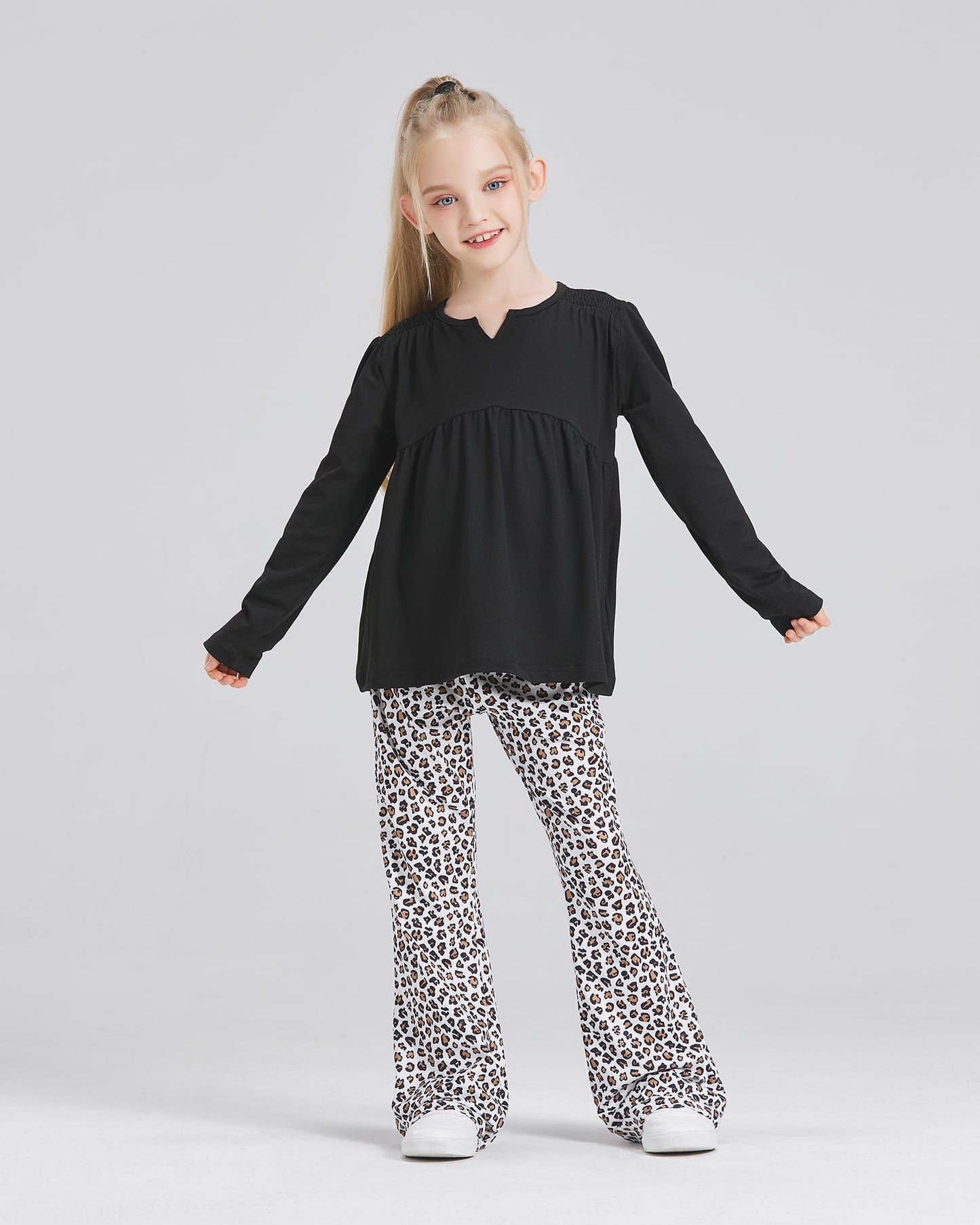 Handfrog Fall Clothing Leopard Flare Pants Long Sleeve Shirts 2023 Trendy 2 PCS Matching Lounge Set Clothes