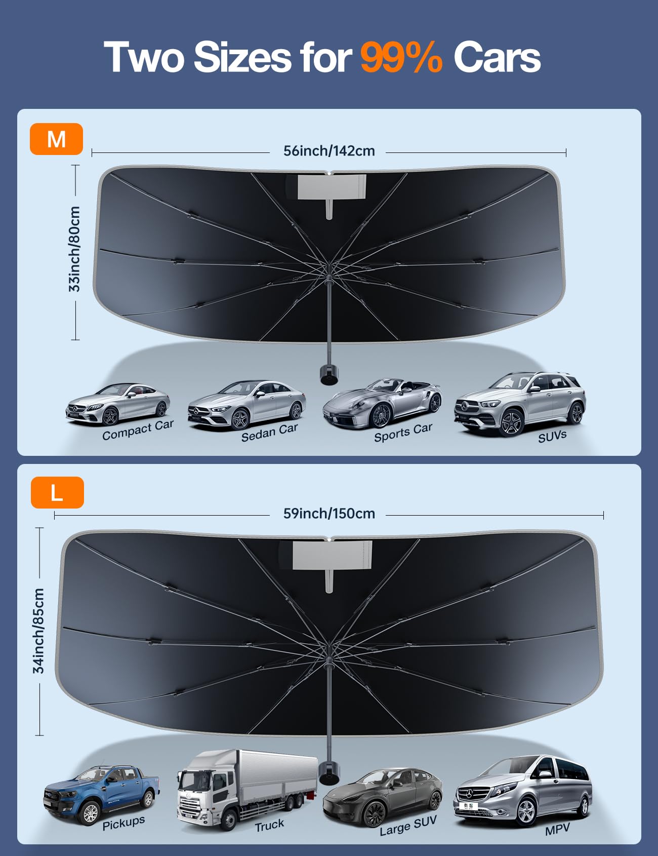 [2025 Upgrade] AKEsepe Windshield Sun Shade Umbrella for Car-[World-Class Quality Certified] Block UV Rays&Sun Heat,Protect Car Interior,Retractable Handle,Zipper with Wide Bandage,M(54" L x 31" W)