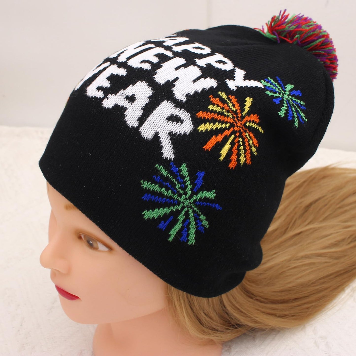 Enrwin Unisex Christmas Hat Winter Knitted Crochet Beanie Happy New Year Hat for Women and Men Gift for Christmas (Style01-Black, Polyester)