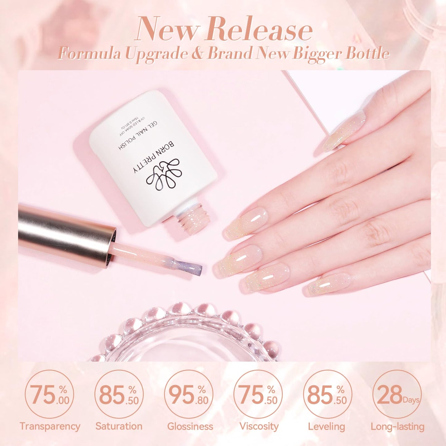 Born Pretty Jelly Gel Nail Polish Jelly Glitter Nude Pink Gel Polish Holographic Shimmer Nude Pink Natural Translucent Soak Off Hema-Free Gel Polish Nail Art DIY 15ML