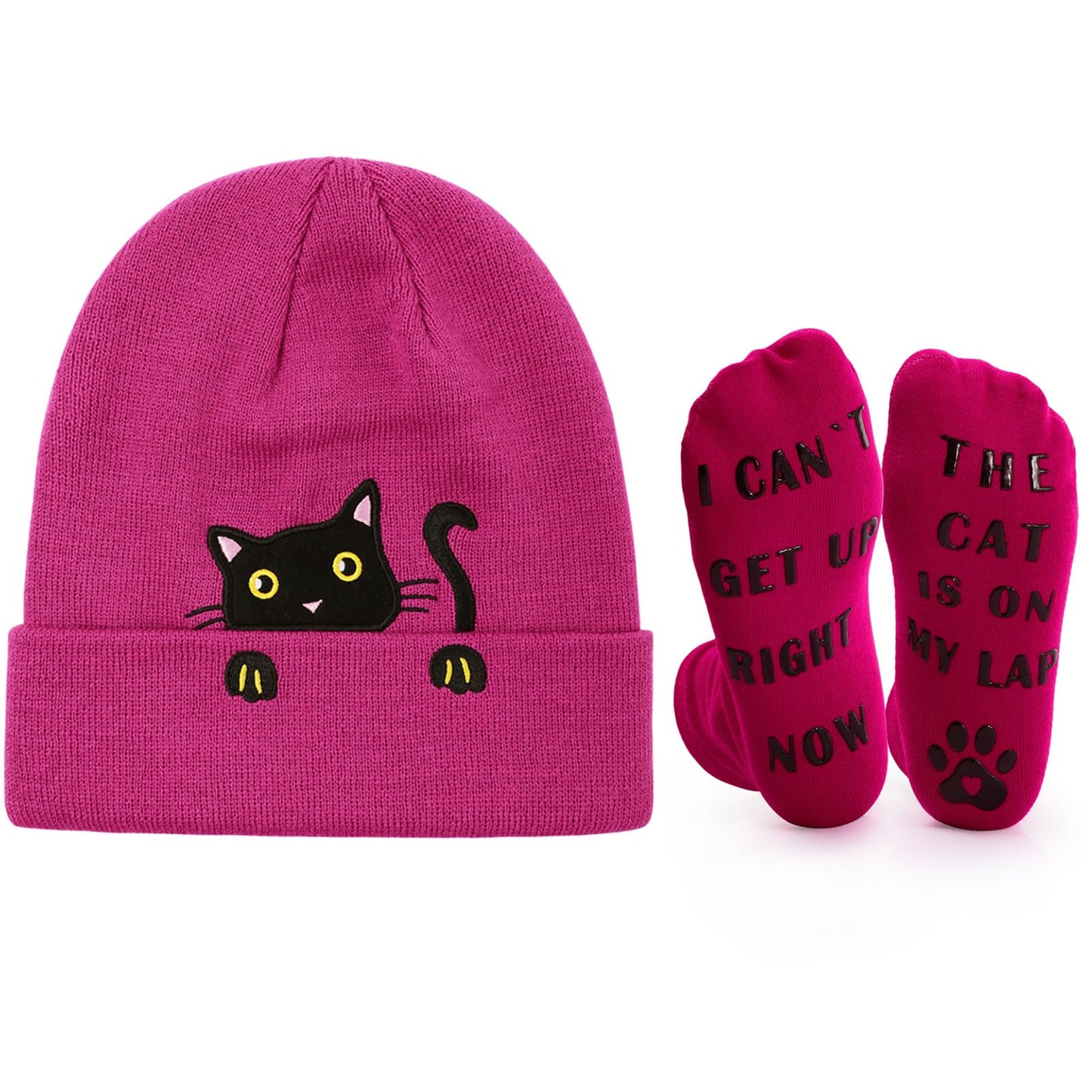 Women's Cat Beanie Knitted Winter Hats for Women Girls with Novelty Socks Cute Cat Lover Gifts Funny Cat Mom Gifts Hot Pink