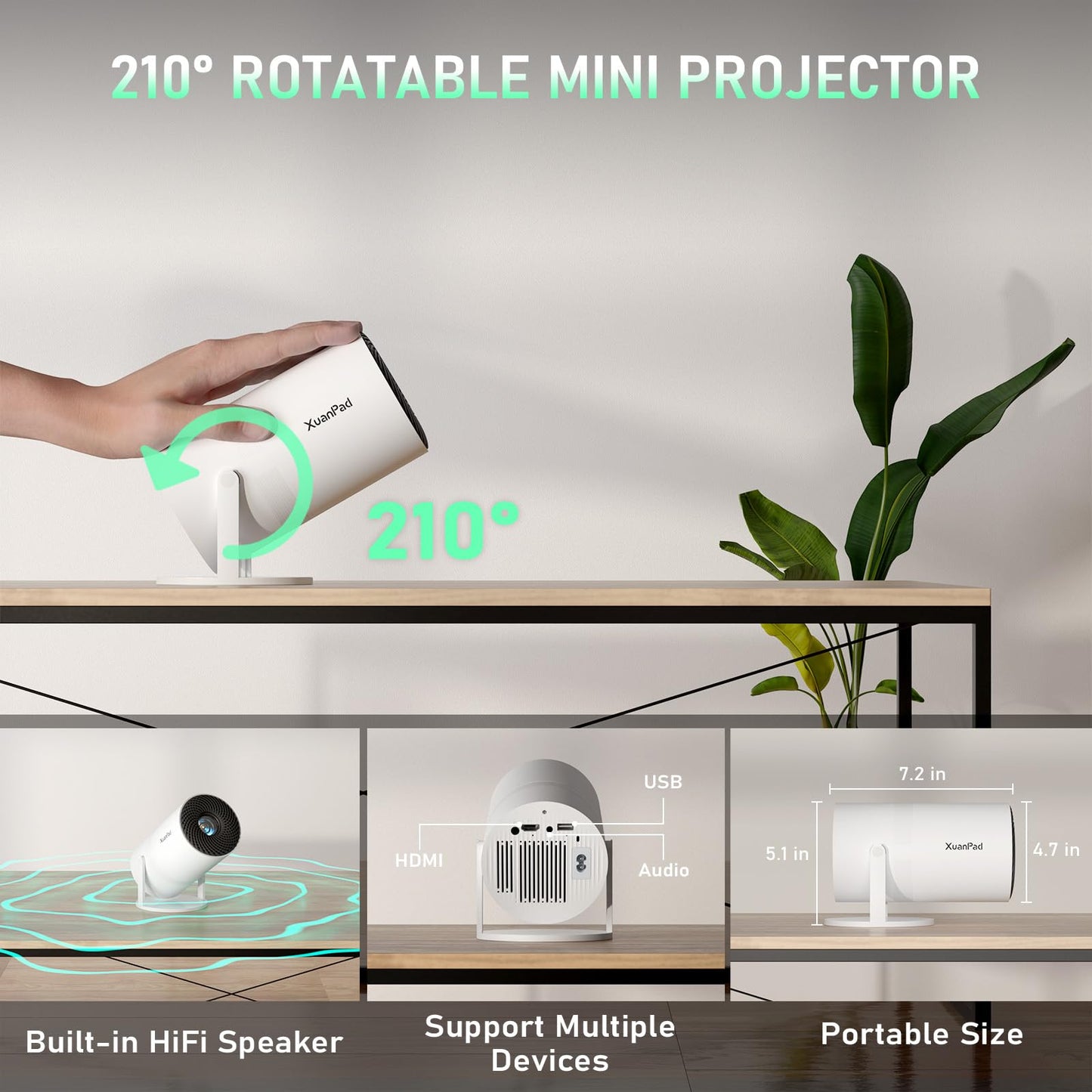 [Netflix Officially & Electric Focus] Projector with WiFi and Bluetooth, XuanPad Full HD 1080P Portable Projector, 210° Rotatable Stand, Auto Keystone, Dust Removal and Heat Dissipation Design