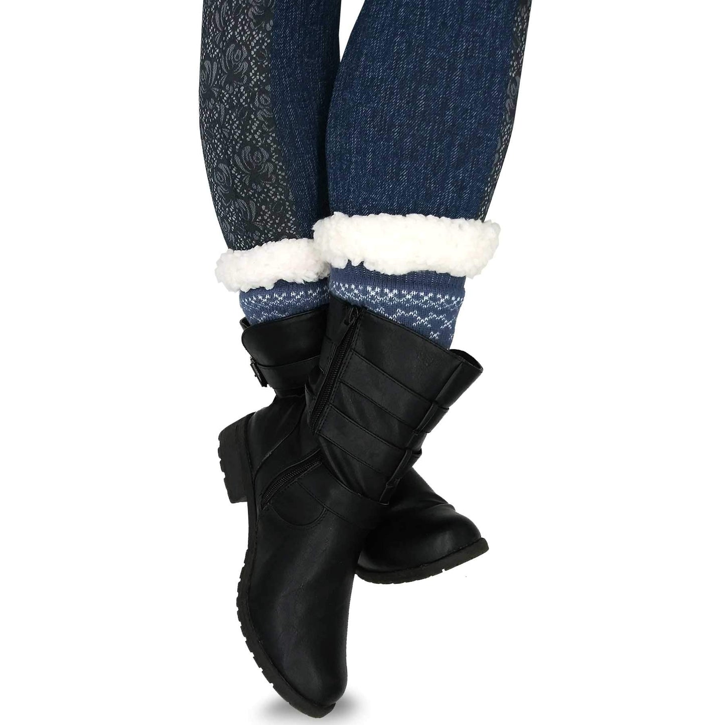 Thick Winter Warm Heat Double Layer Thermal Crew Women's Socks 3 Pairs Deer Snowflake Pattern Pink Blue Grey 9-11 Non-Slip Bottoms
