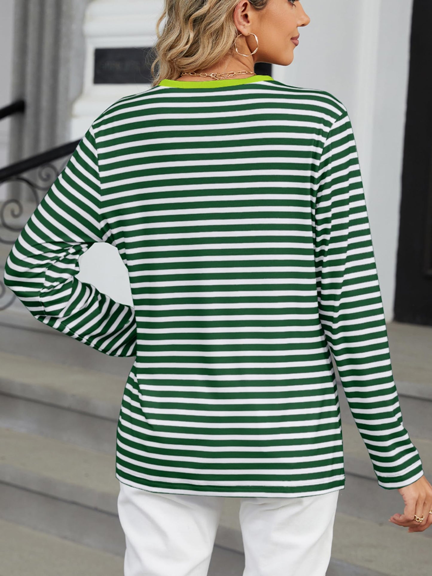 NWFZCCP Womens Striped Crewneck Sweatshirts, Color Block Hoodie Tops Plain Sweatshirt 2025 Spring(Green,L)