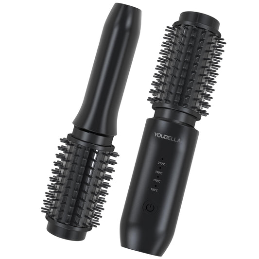 Youbella Cordless Hair Curling Iron Brush, Mini Travel Hot Straightener Comb, 3-in-1 Portable Wave Curling Wand, 1.5″ Ionic Heated Brush, USB Rechargeable Hair Curler, Pink