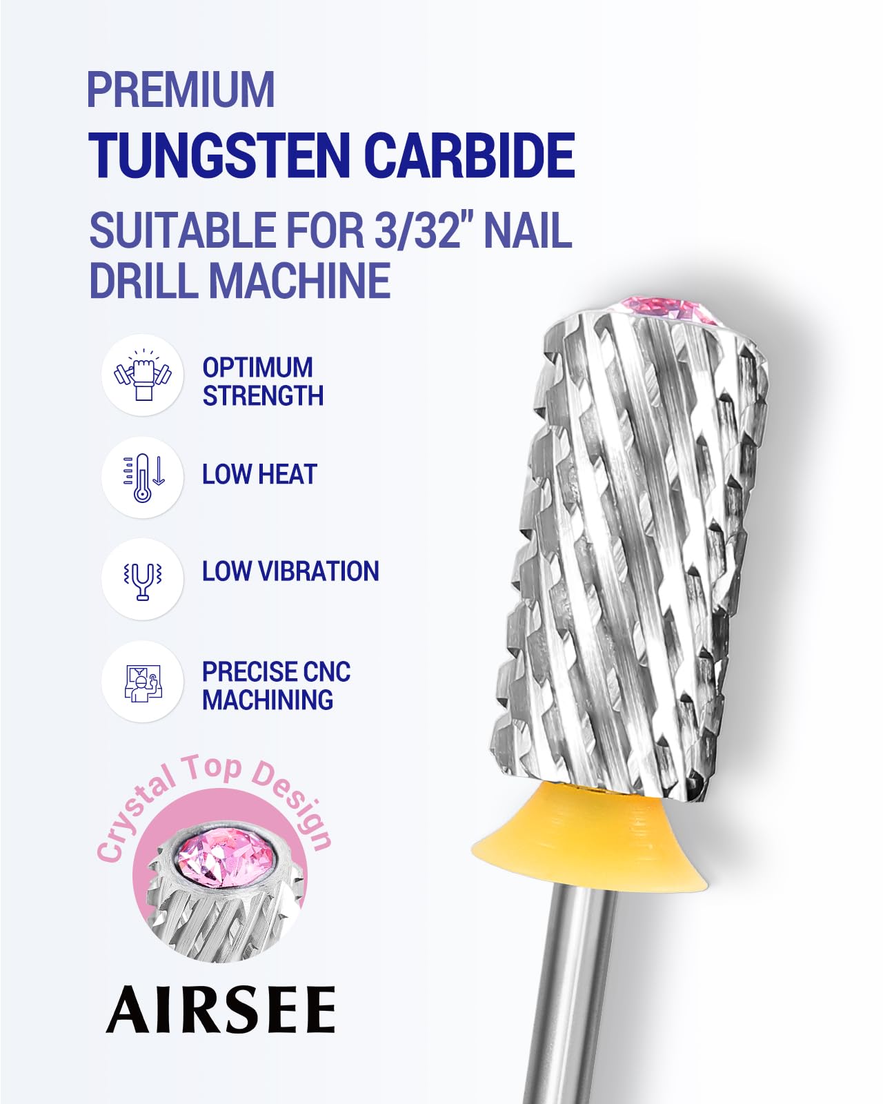 AIRSEE Tungsten Carbide Acrylic Nail Drill Bit Efile Electric File Machine Head Tip for Manicure Polishing Art Remove Gel 3/32" 2 Way Beginner Safety Pink Crystal Top Barrel 2X Coarse-2XC