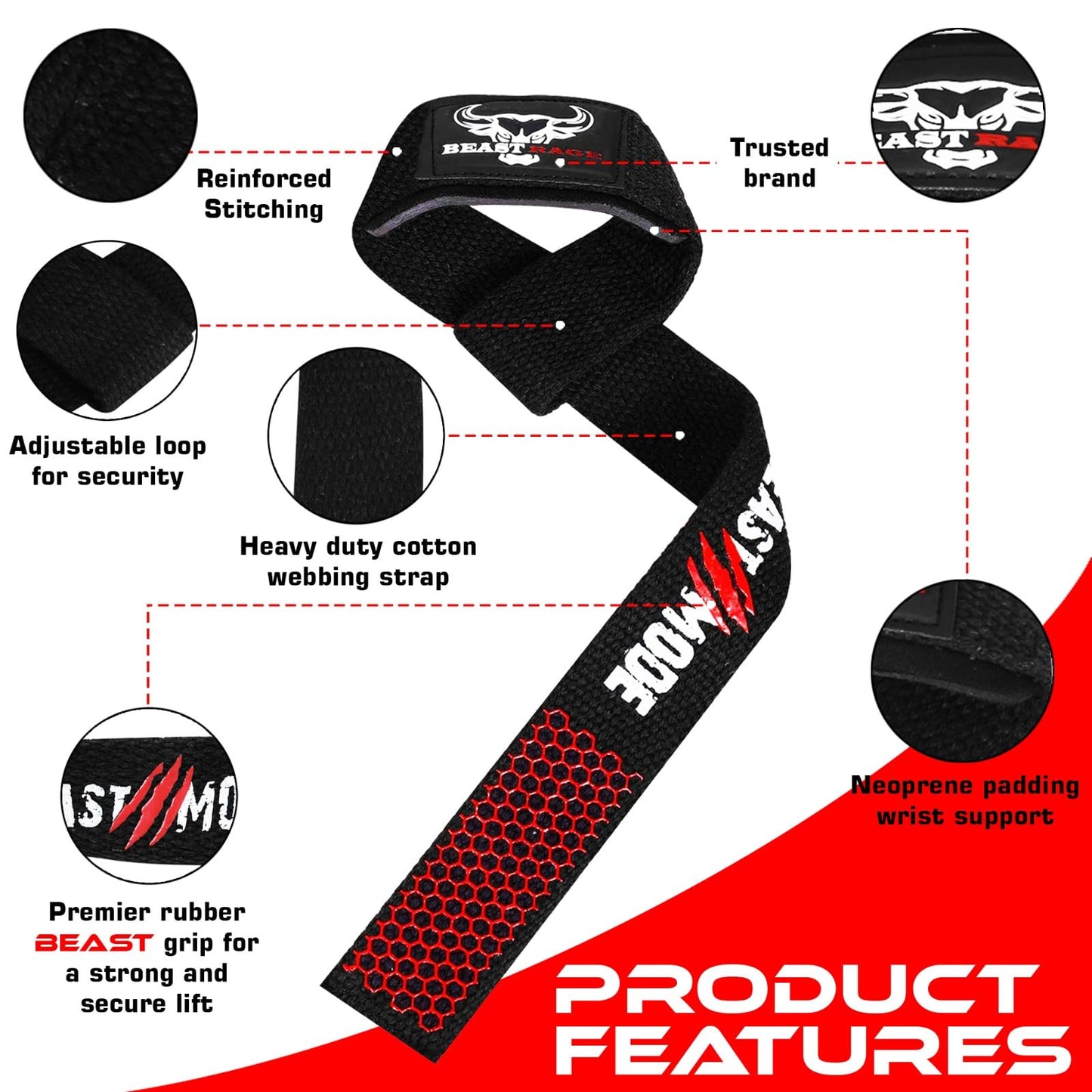 BEAST RAGE Lifting Wrist Straps for Weightlifting, Weight Lifting Straps Gym Power Workouts Lifting Straps Padded Cotton Men Women Supportive Lift Deadlift Straps Hard Pull Exercise Straps (Black Red Silicone)